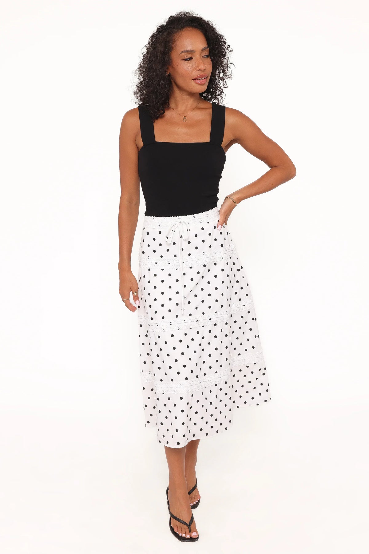 Lucia Tiered Midi Skirt White Polka Dot