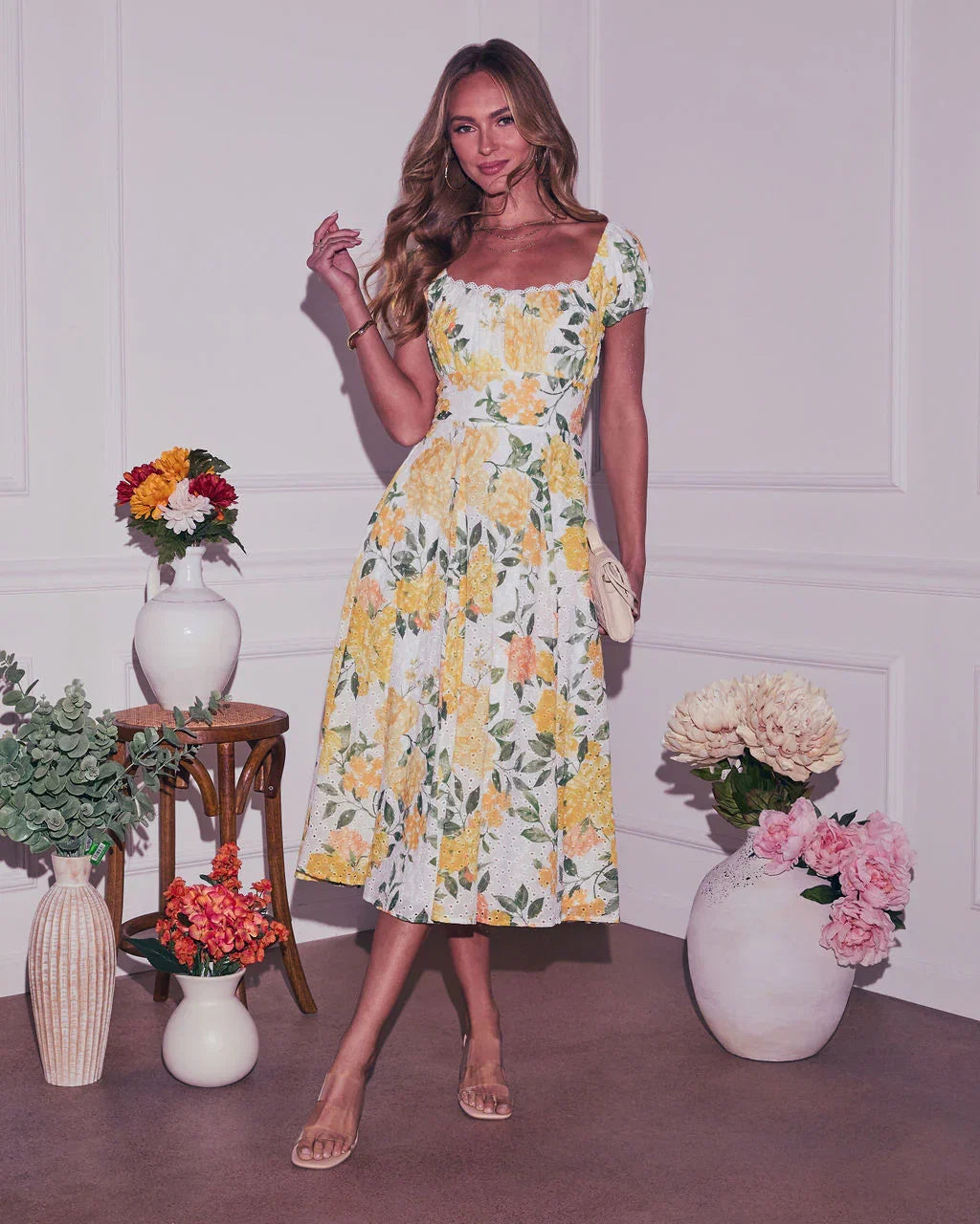 April Noon Eyelet Floral Midi Dress