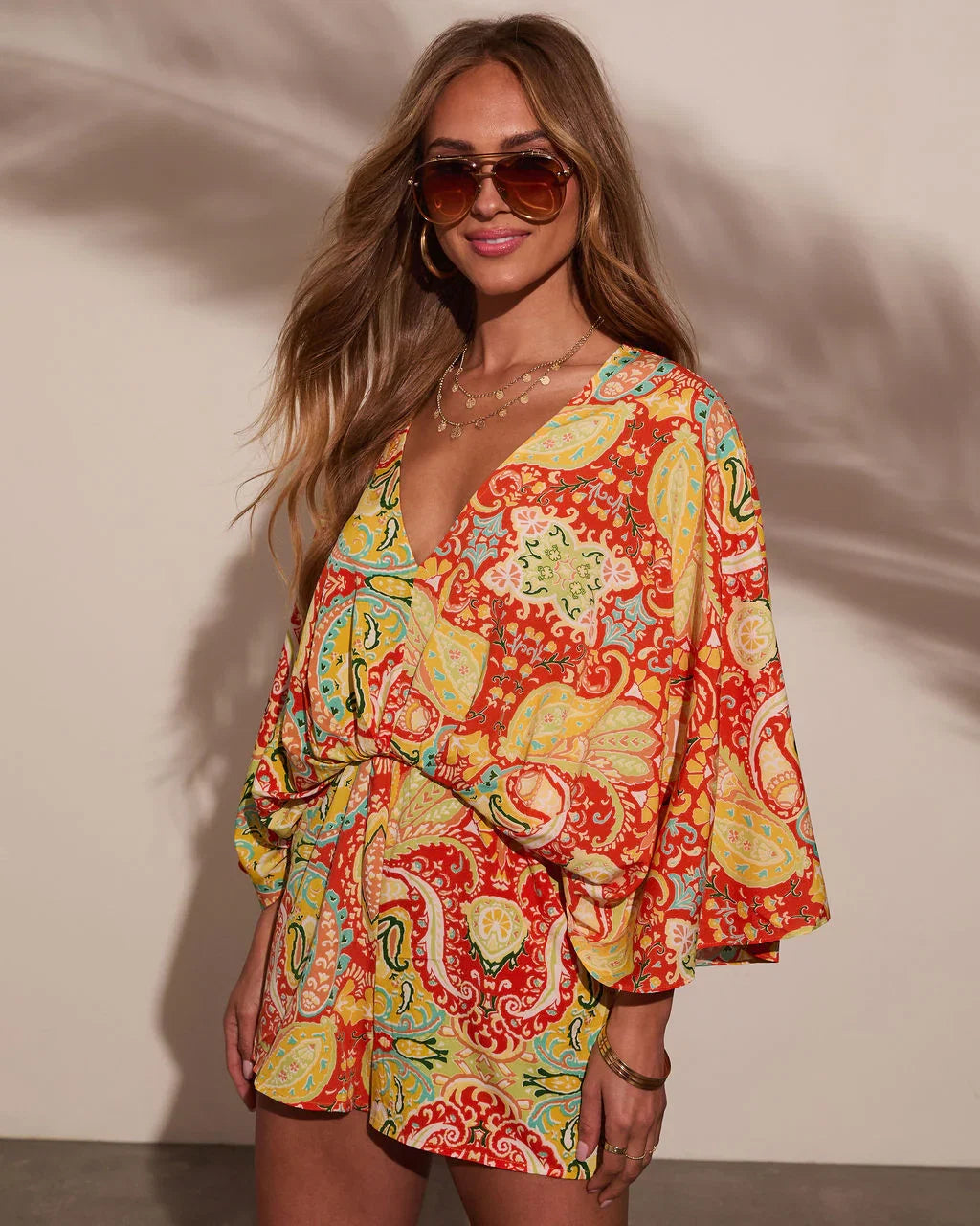 Sunset Gleam Abstract Kimono Sleeve Romper