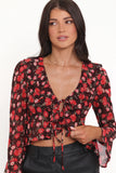 Aveline Chiffon Ruffle Front Top Brown Floral