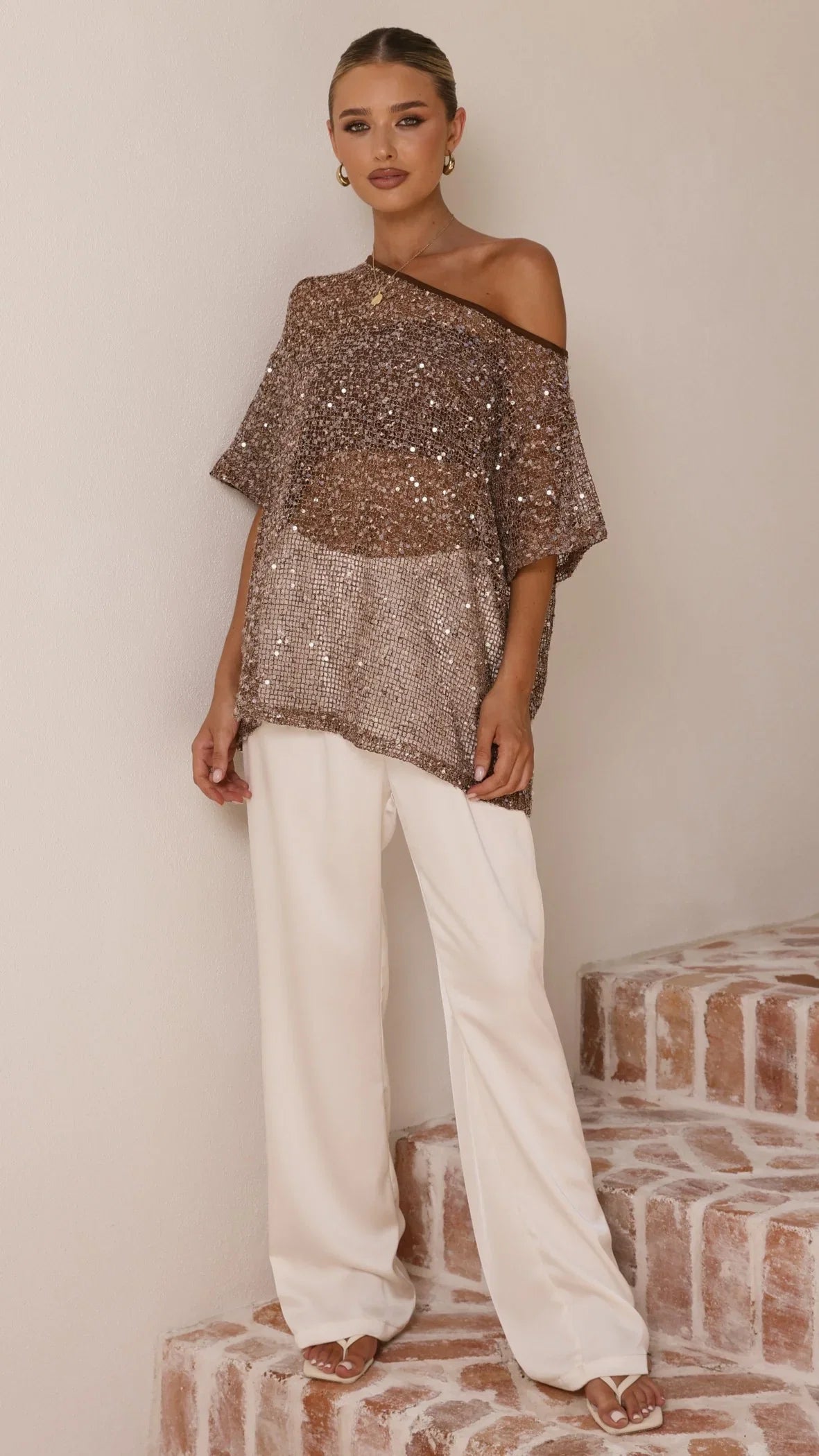 Zinnie Sequins Off Shoulder Top Mocha