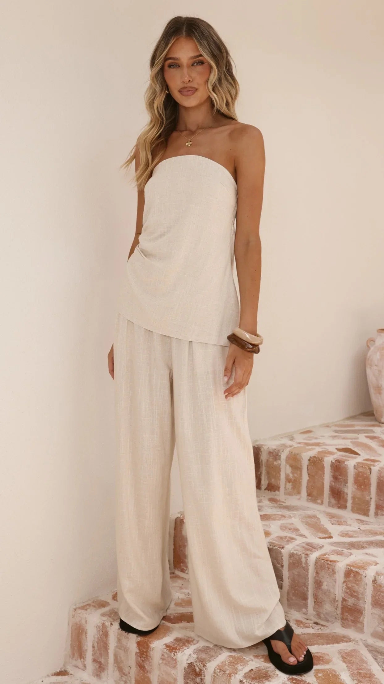 Yuki Strapless Top and Pants Set Oatmeal