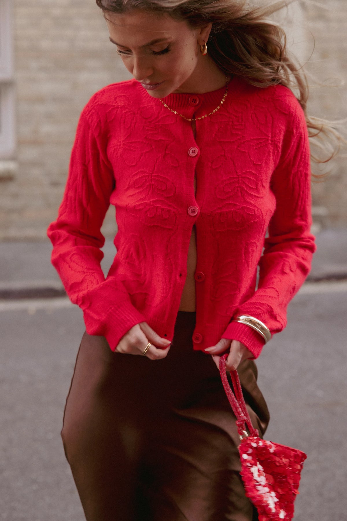 Fauna Tonal Floral Cardigan Red