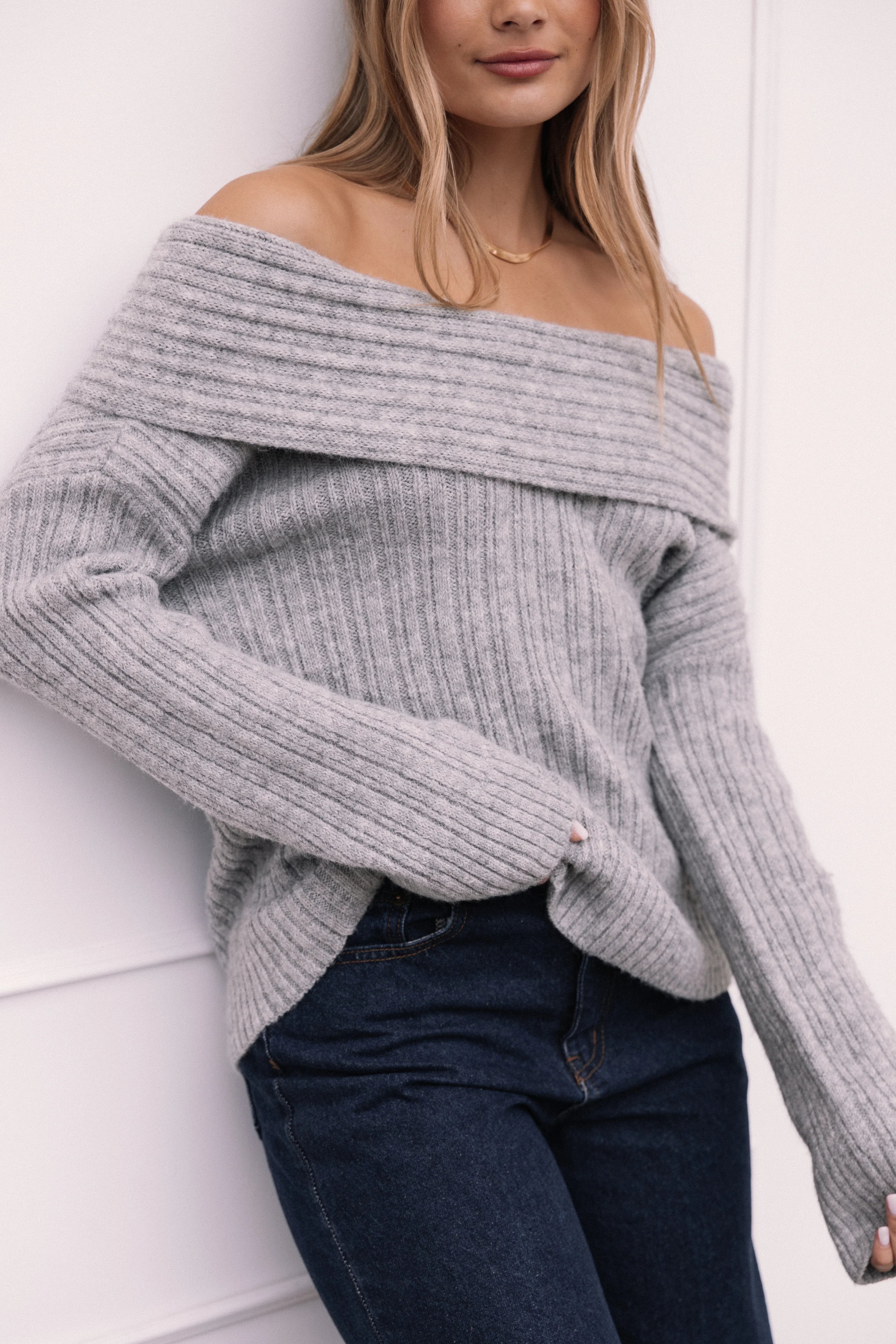 Kenny Off Shoulder Knit Sweater Grey