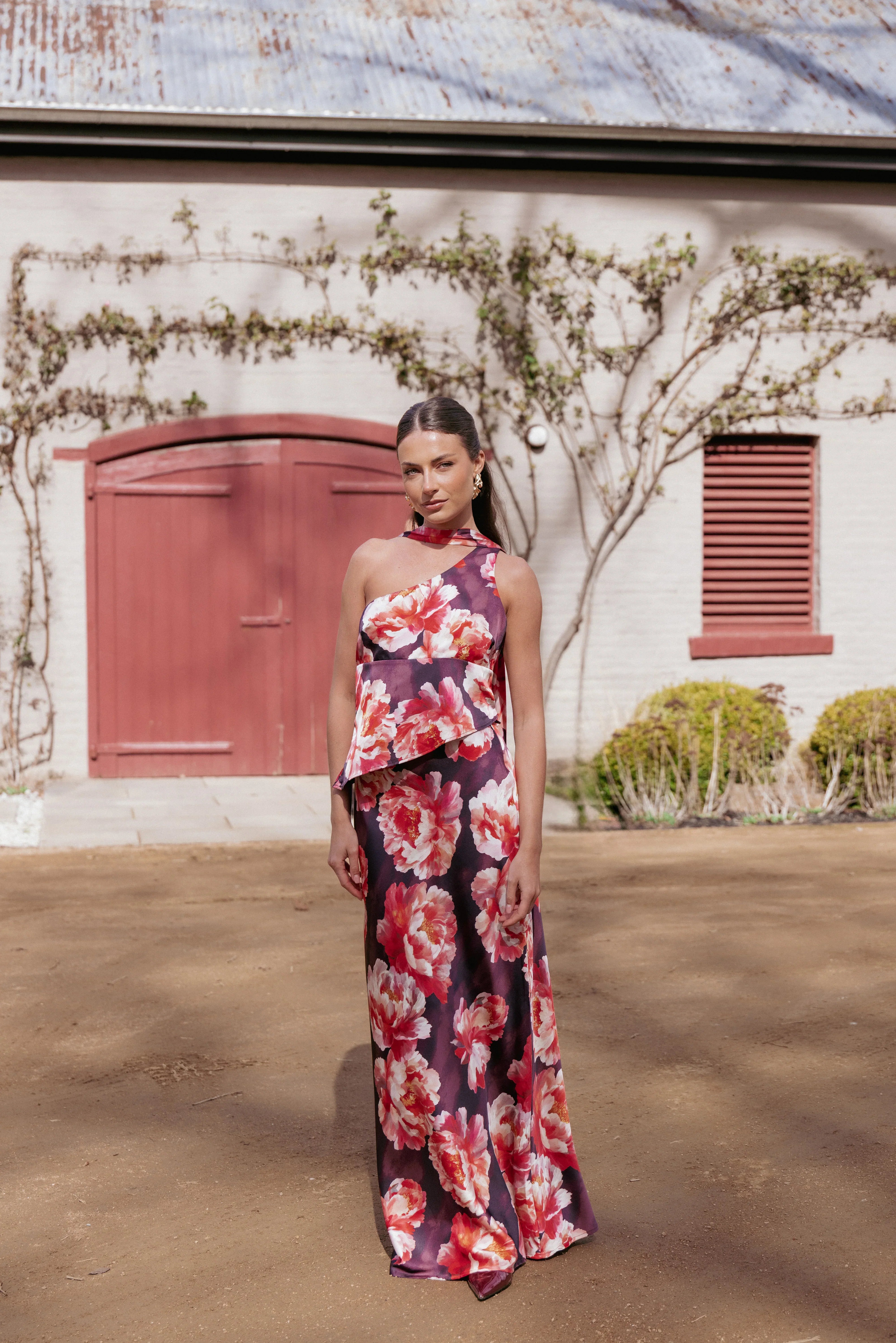 Georgina One Shoulder Skirt Set Burgundy Peony