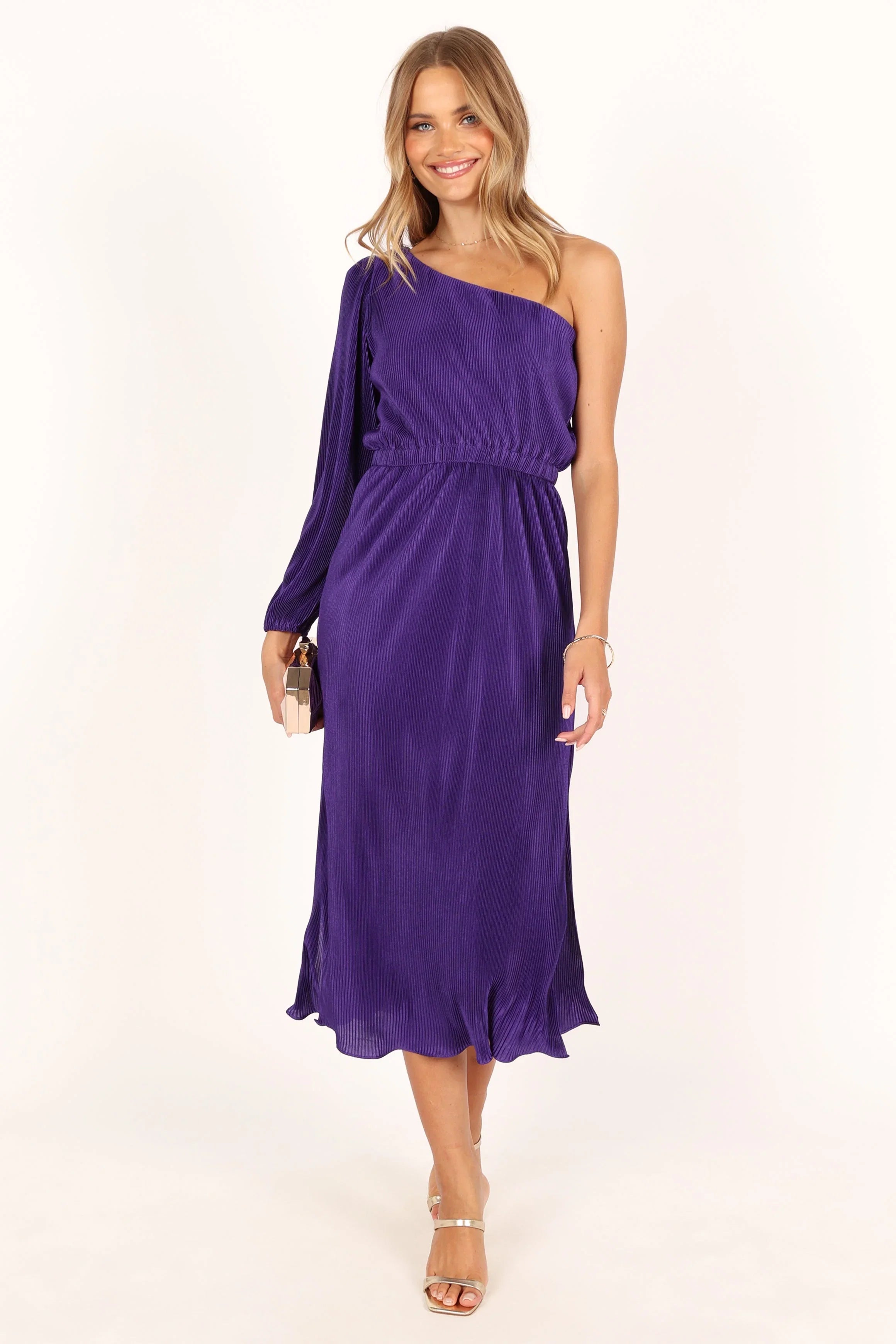 Pontee One Shoulder Pleated Midi Dress Purple