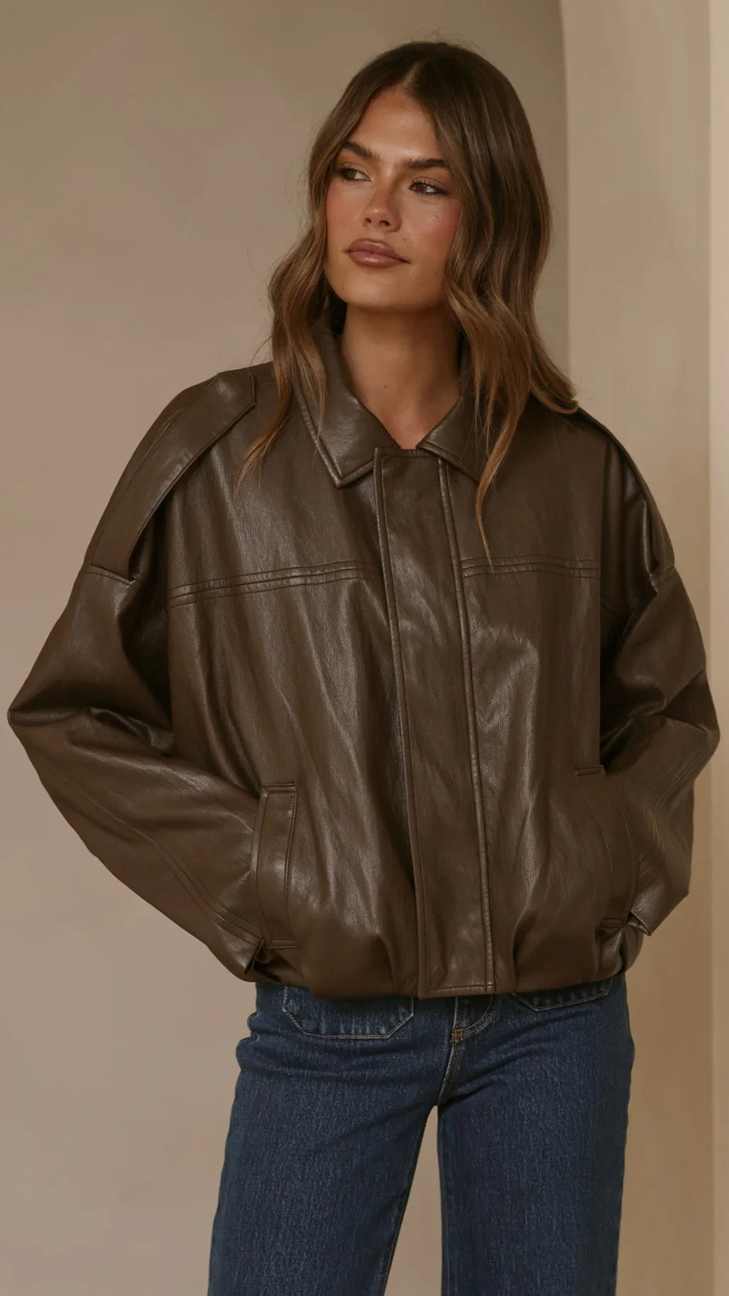 Leela Vegan Leather Bomber Jacket Brown