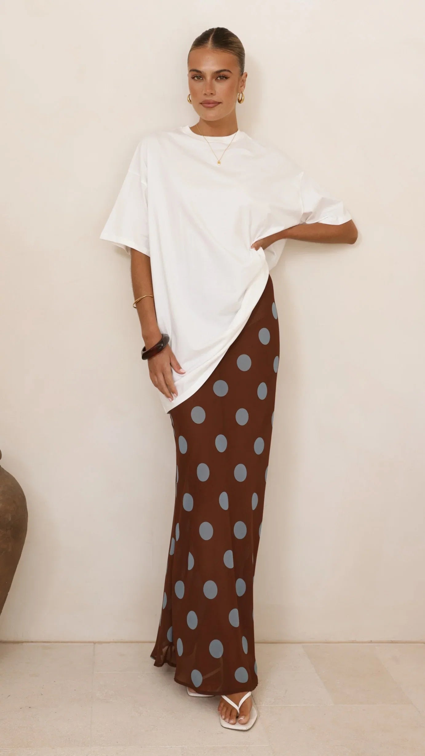 Yumi Oversized Tee and Sheer Skirt Set White Brown Blue Polka