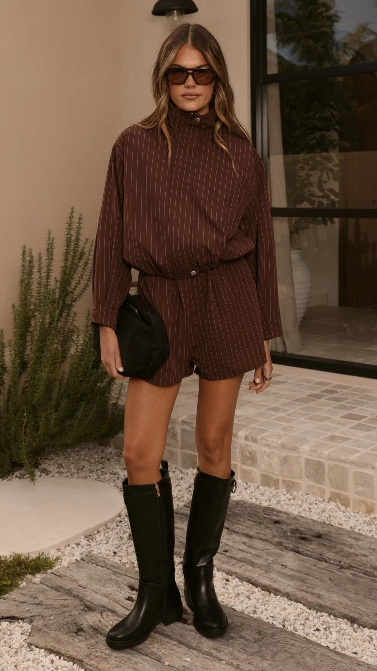 Ivana Funnel Neck Jacket Shorts Set Brown Pinstripe