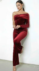 Nightfall One Shoulder Velvet Jumpsuit Burgundy