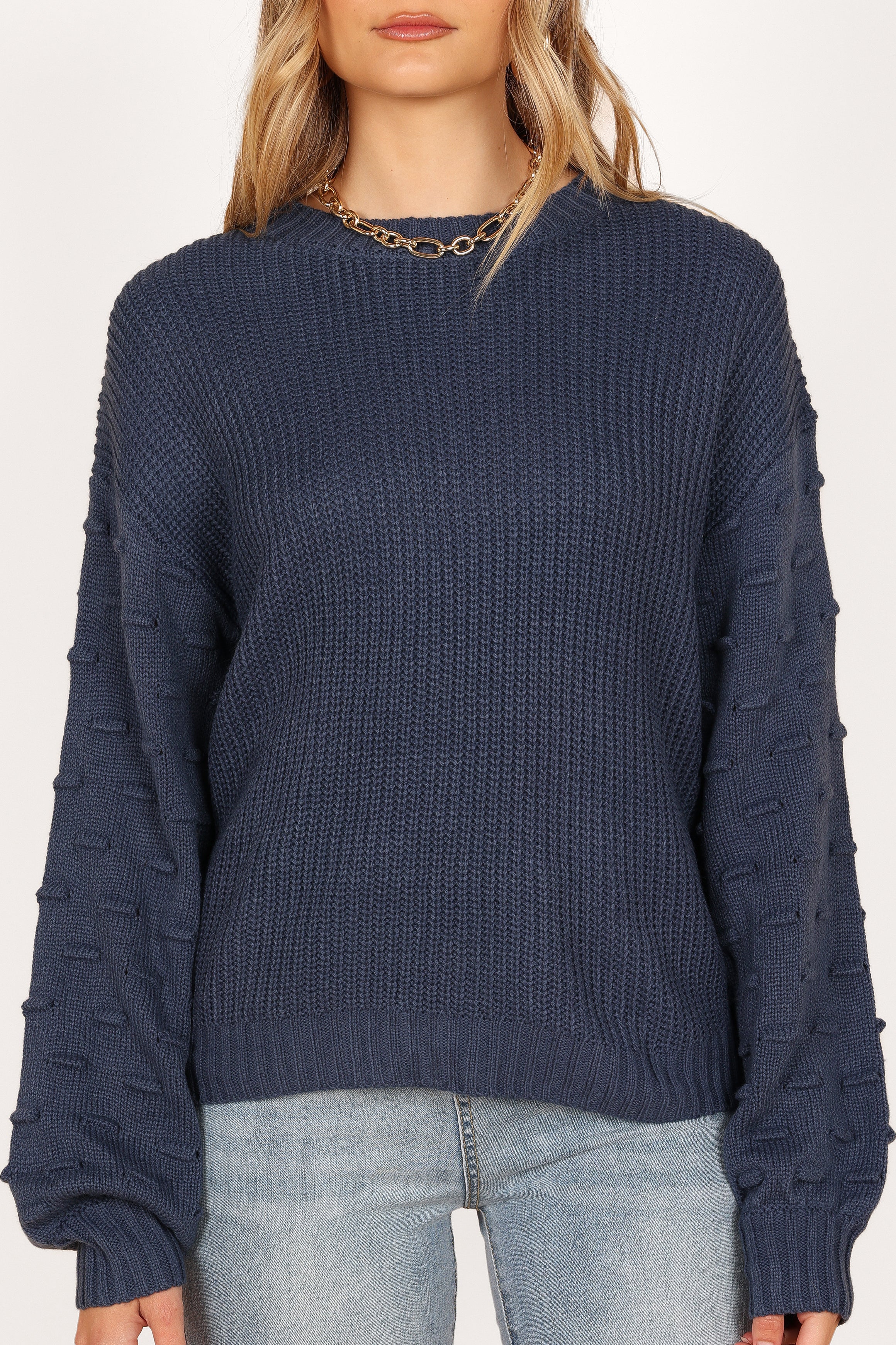 Katrina Textured Sleeve Crewneck Knit Sweater Midnight Blue