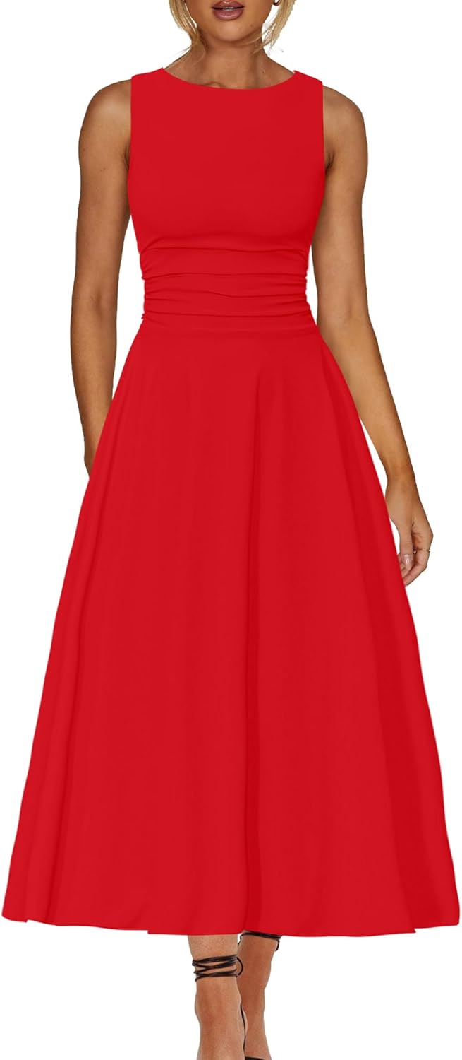 Boat Neck Sleeveless A Line Maxi Dress Ruffle Flowy Casual Long Dresses
