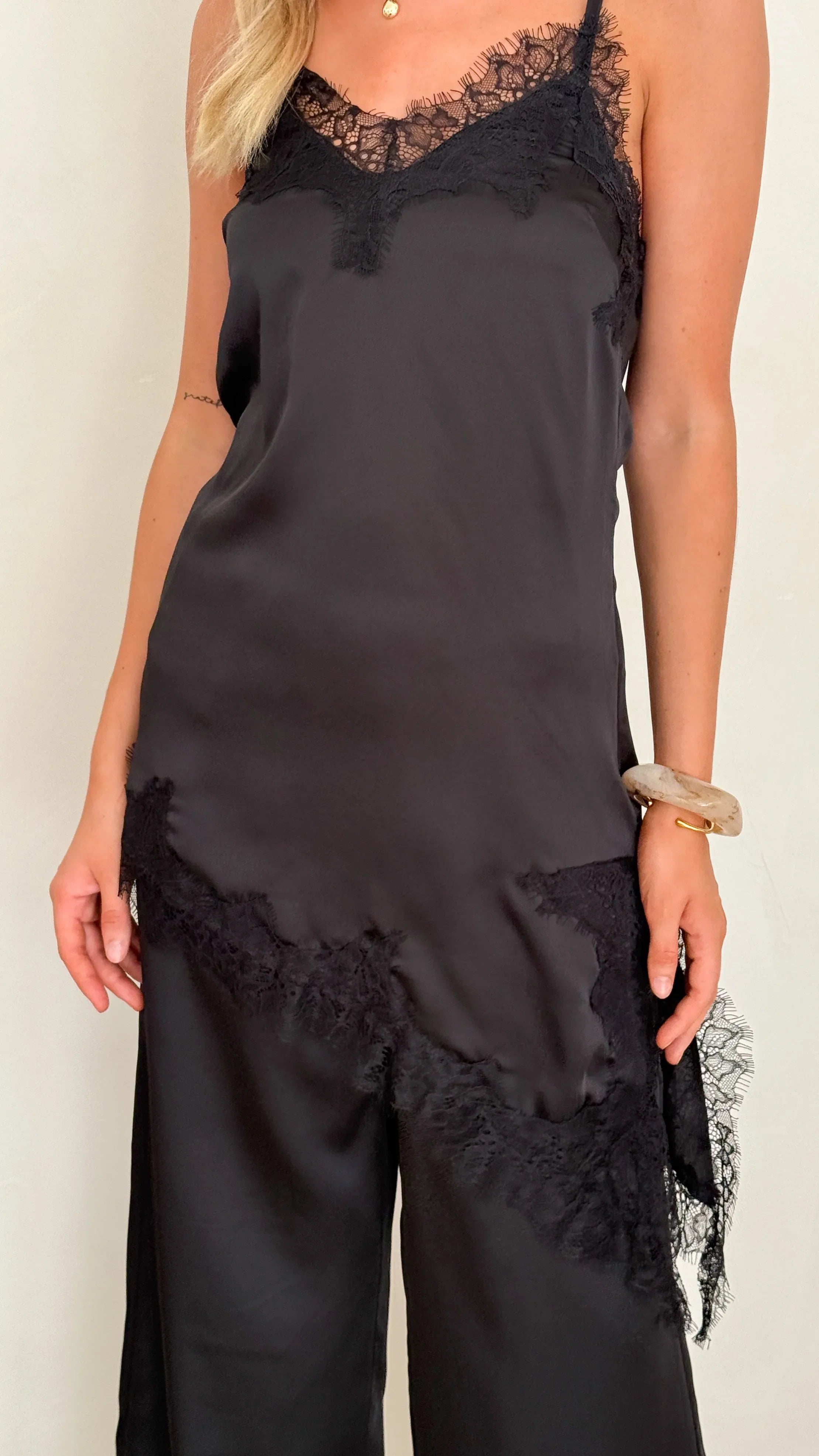 Hayleigh Asymmetrical Top and Pants Set Black Lace