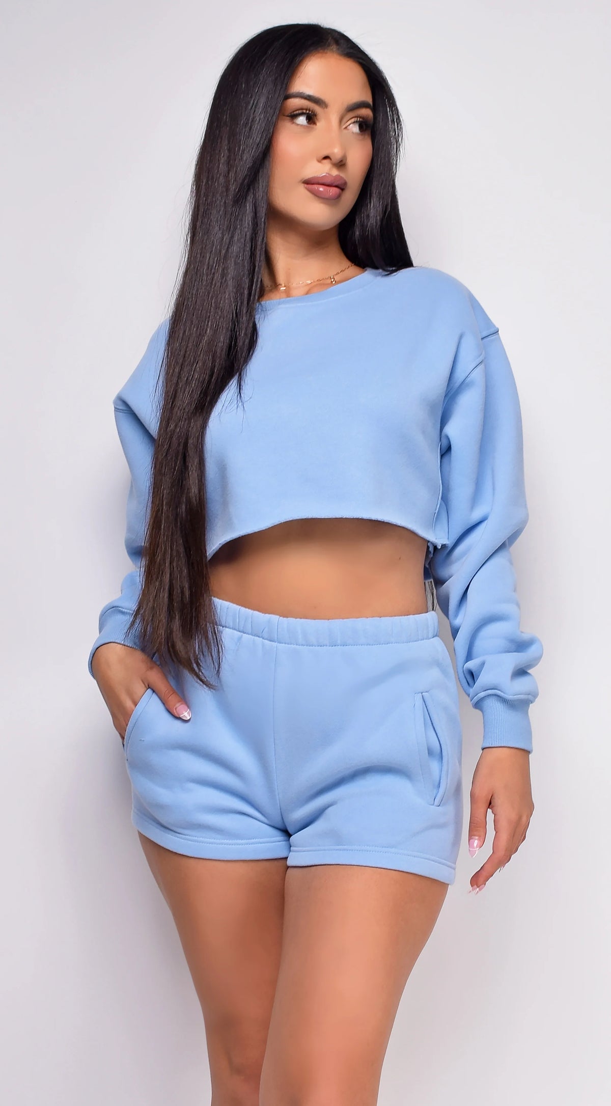 Cozy Up Blue High Waist Shorts Crop Sweater Lounge Set