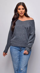 Remy V Neck Drop Shoulder Sweater Top Gray