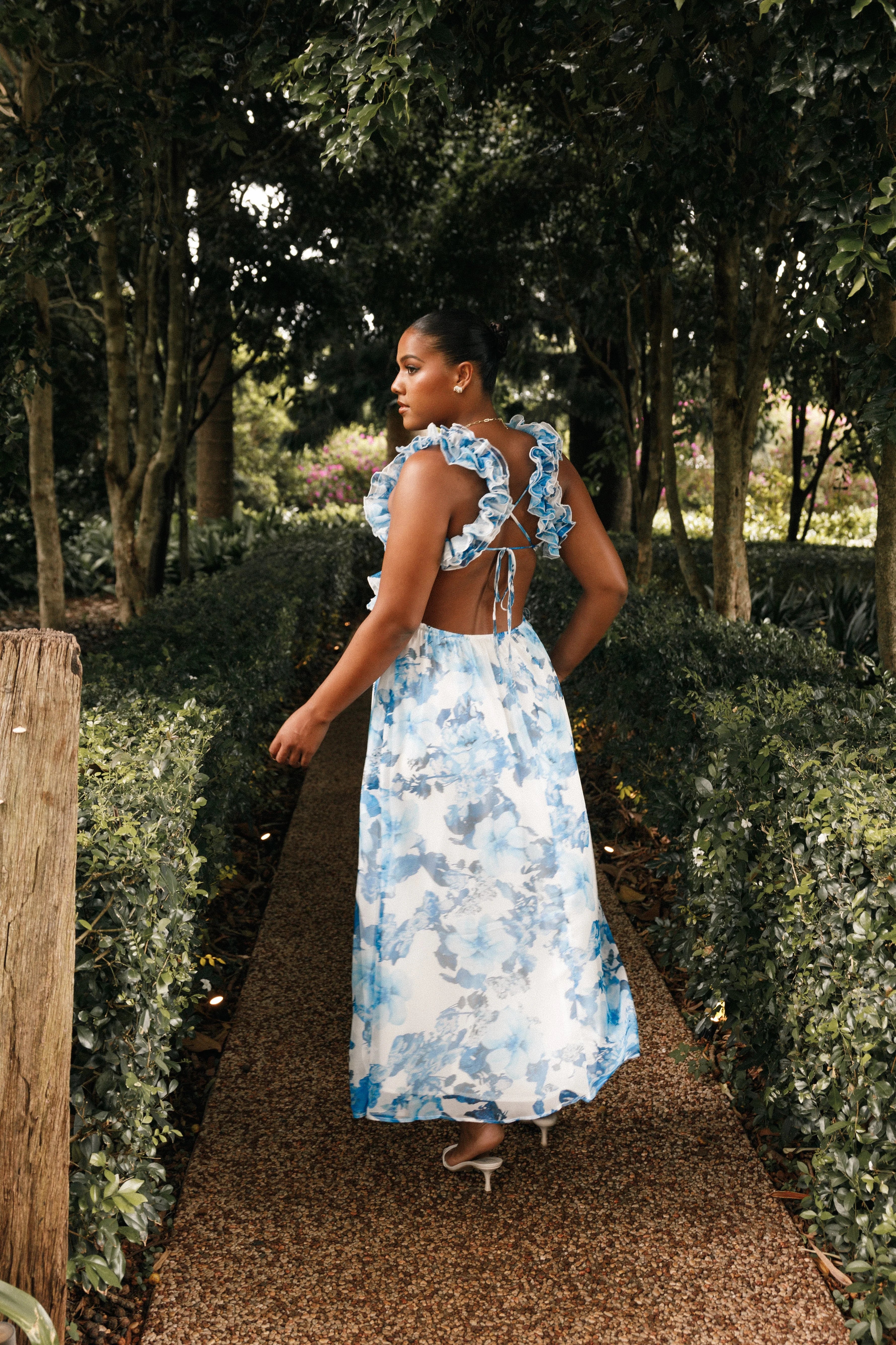 Lucah Frill Shoulder Maxi Dress Blue White Floral