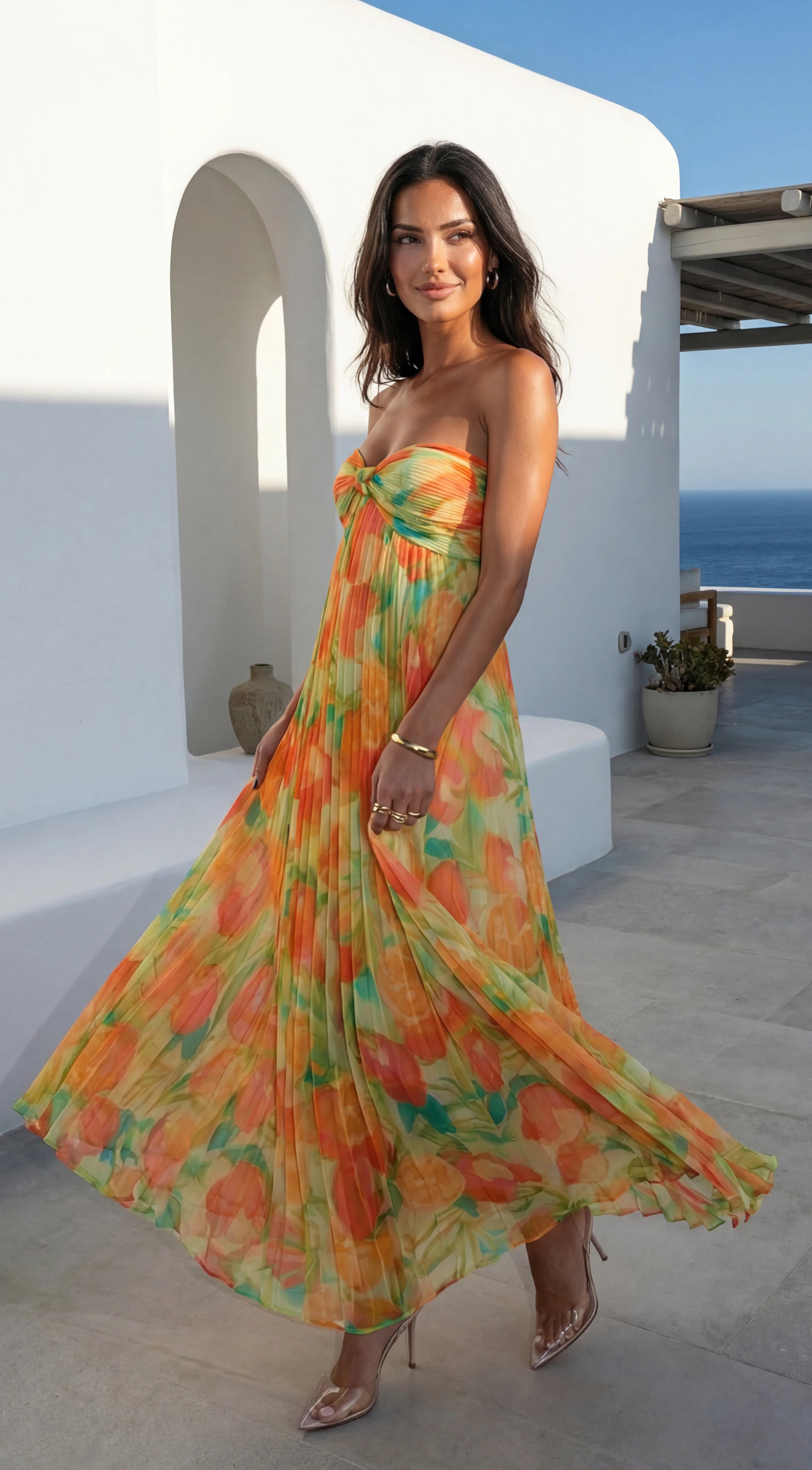 Nayira Floral Pleated Strapless Maxi Dress Orange Multi