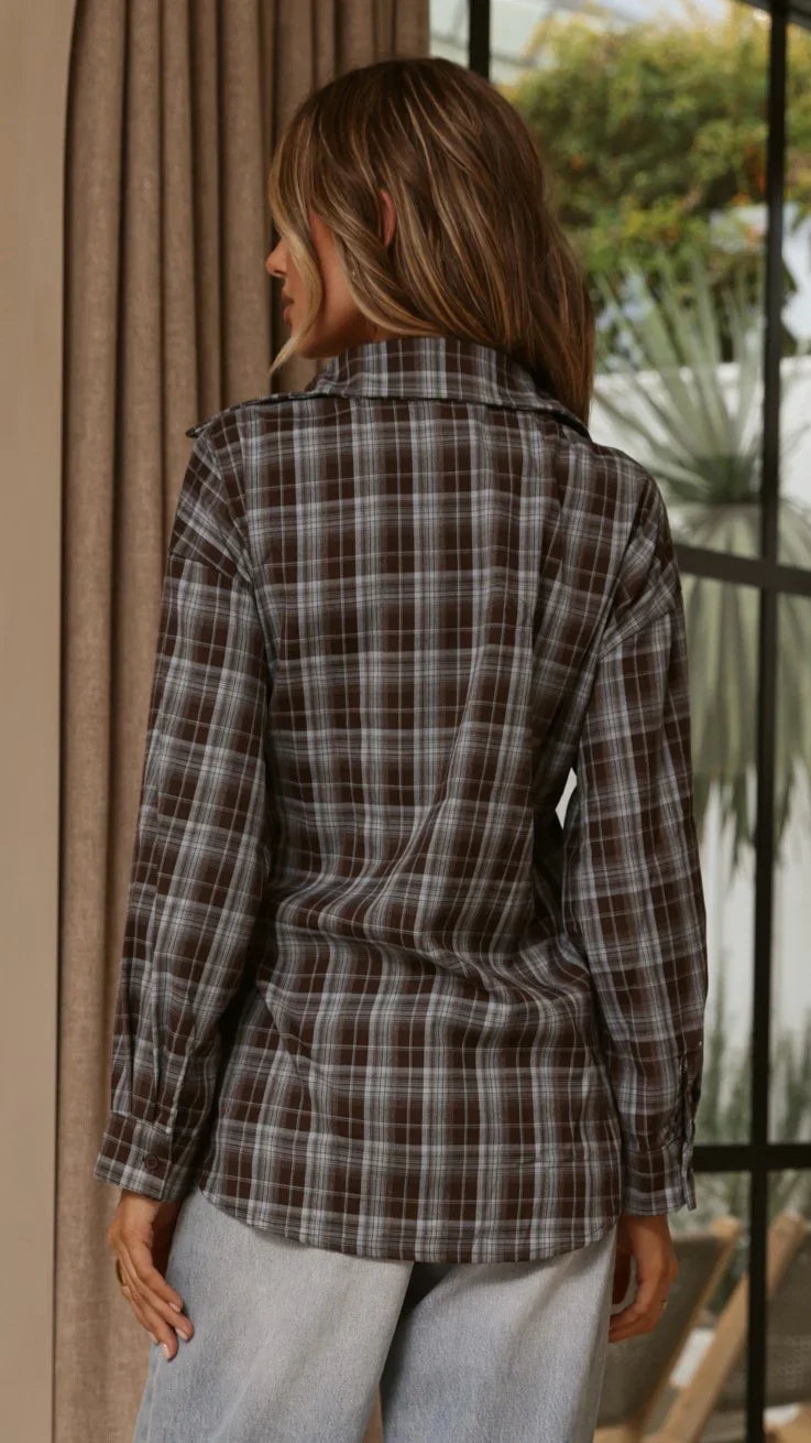Valia Asymmetrical Button Up Shirt Blue Brown Plaid