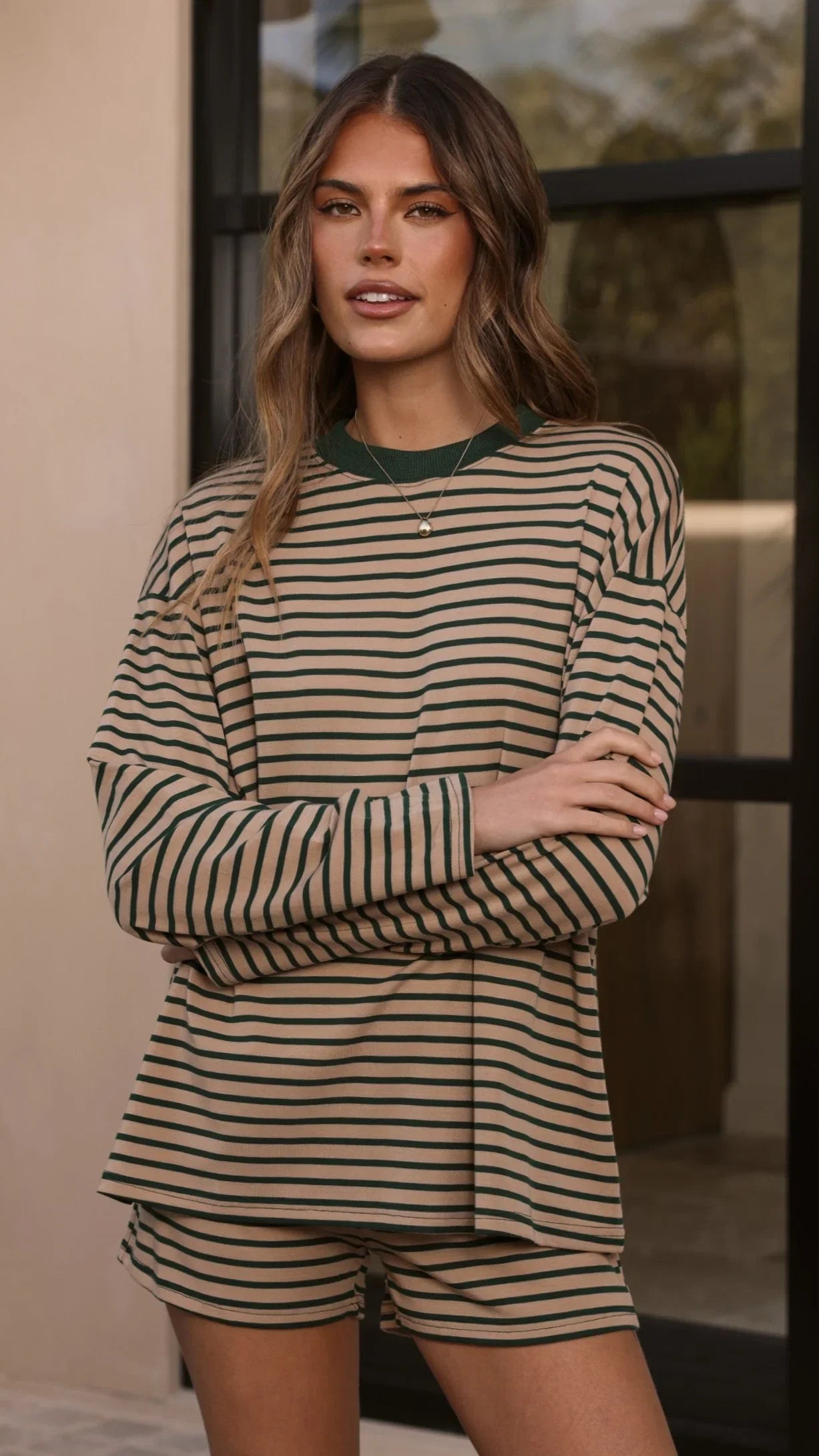Flossie Long Sleeve Top and Shorts Set Beige Green Stripe