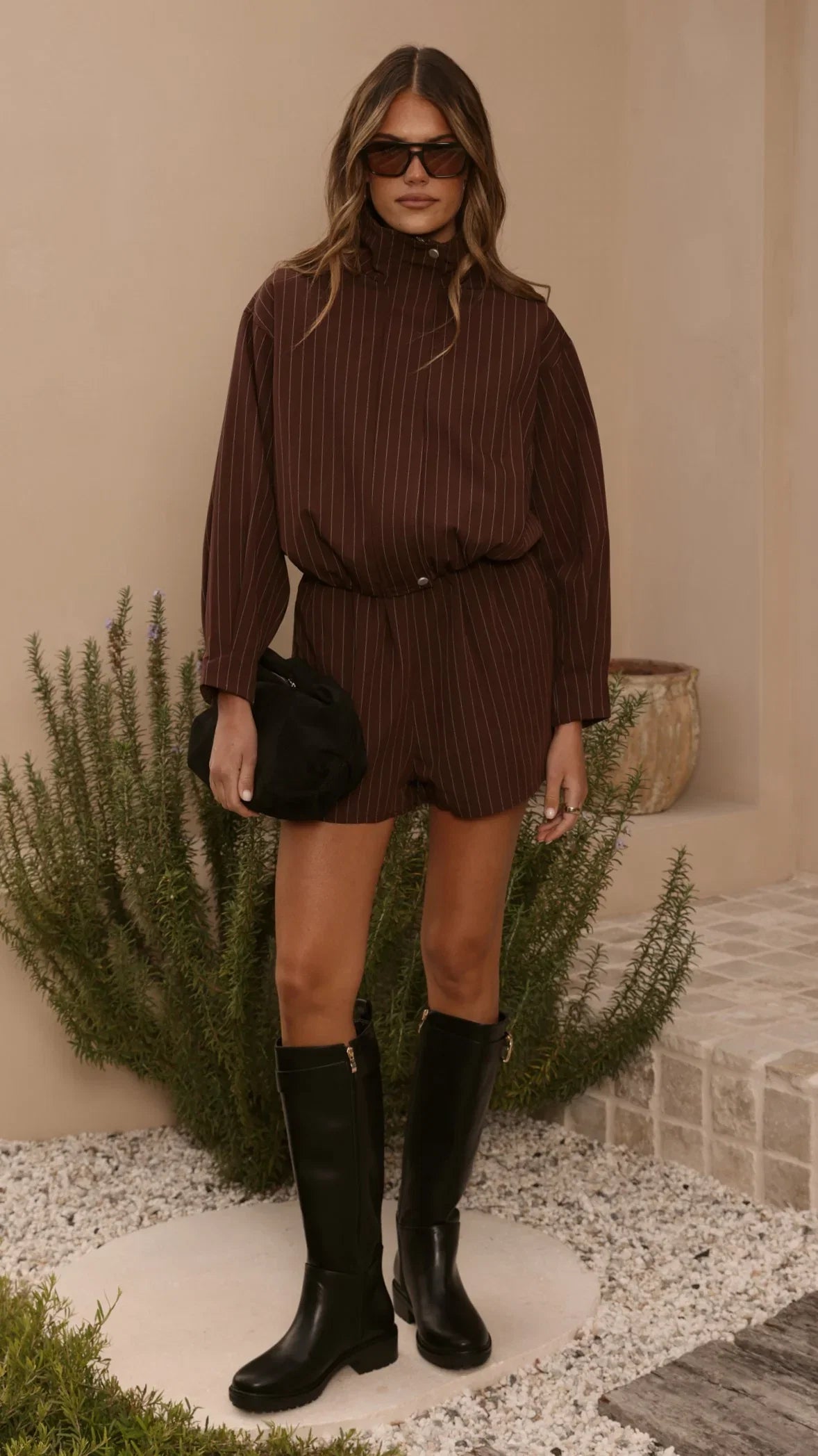 Ivana Funnel Neck Jacket Shorts Set Brown Pinstripe