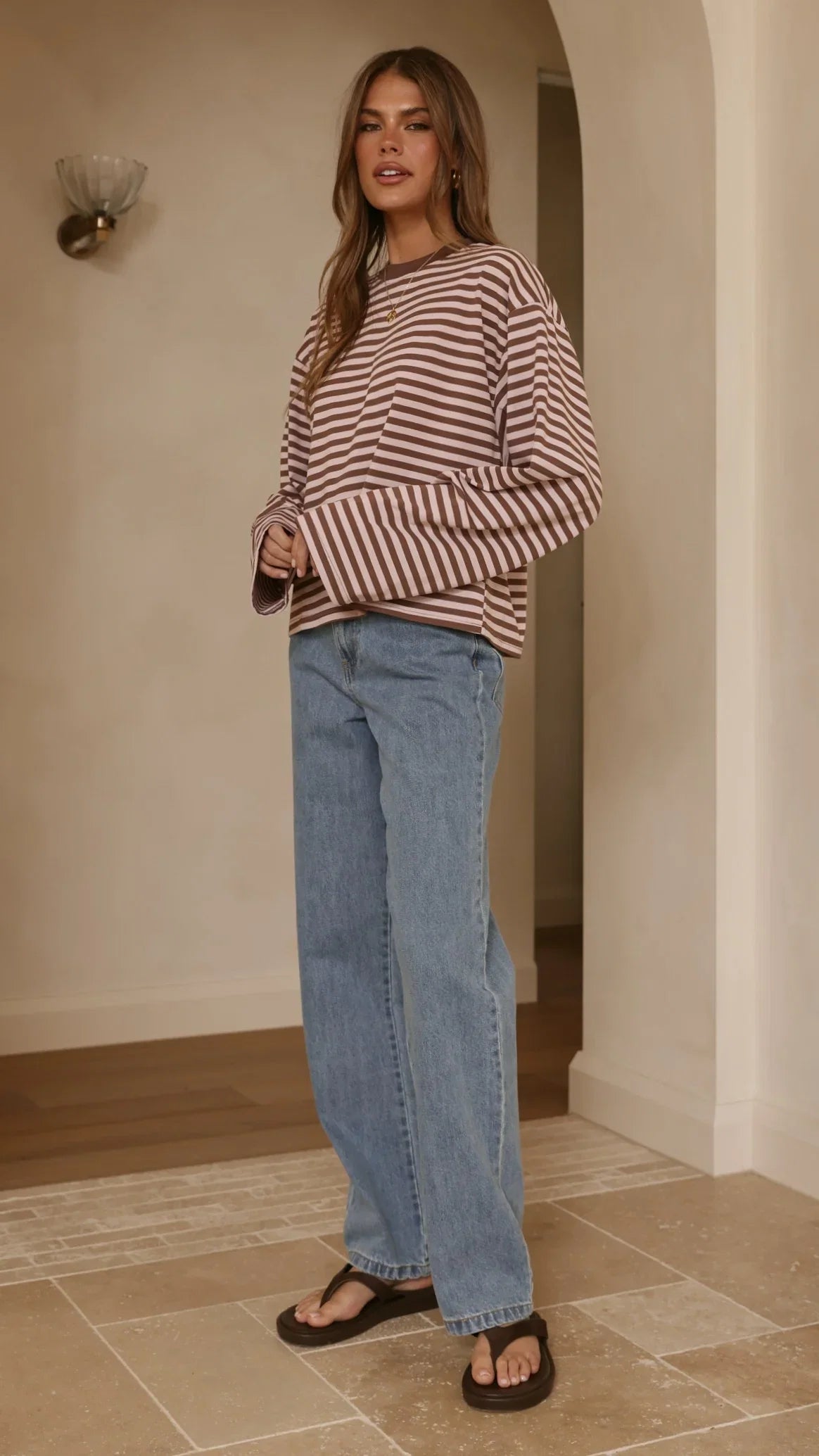 Solana Long Sleeve Top Pink Choc Stripe