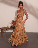 Mediterranean Muse Floral Halter Neck Maxi Dress