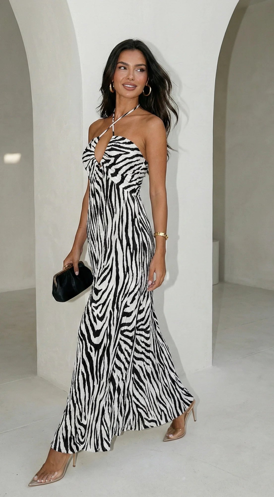 Noemiya Zebra Pleated Halter Maxi Dress White