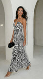 Noemiya Zebra Pleated Halter Maxi Dress White