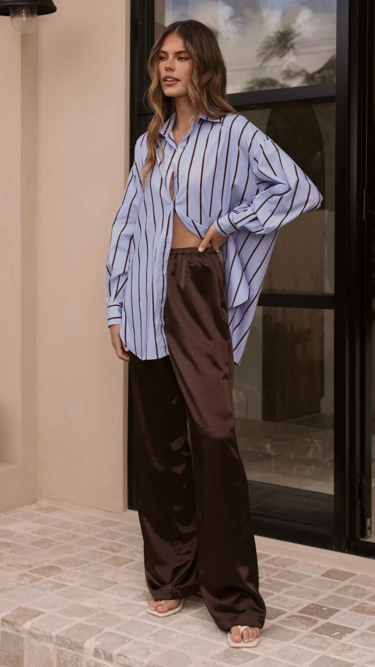 Arli Button Up Shirt Blue Brown Stripe