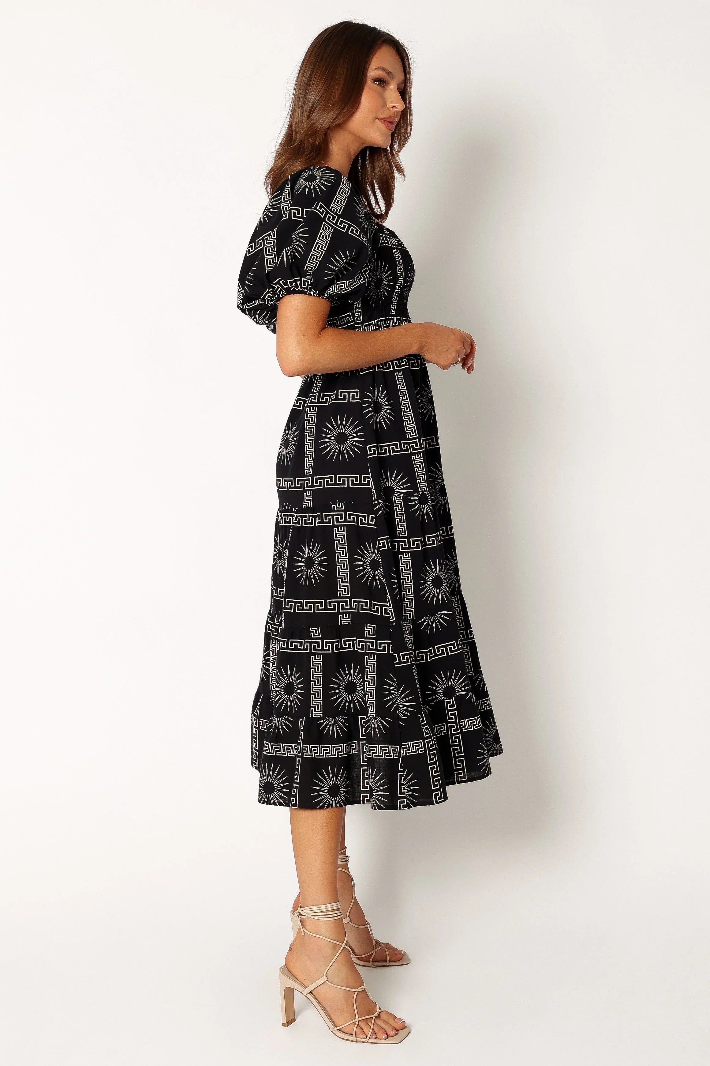 Soliel Puff Sleeve Midi Dress Black Tan