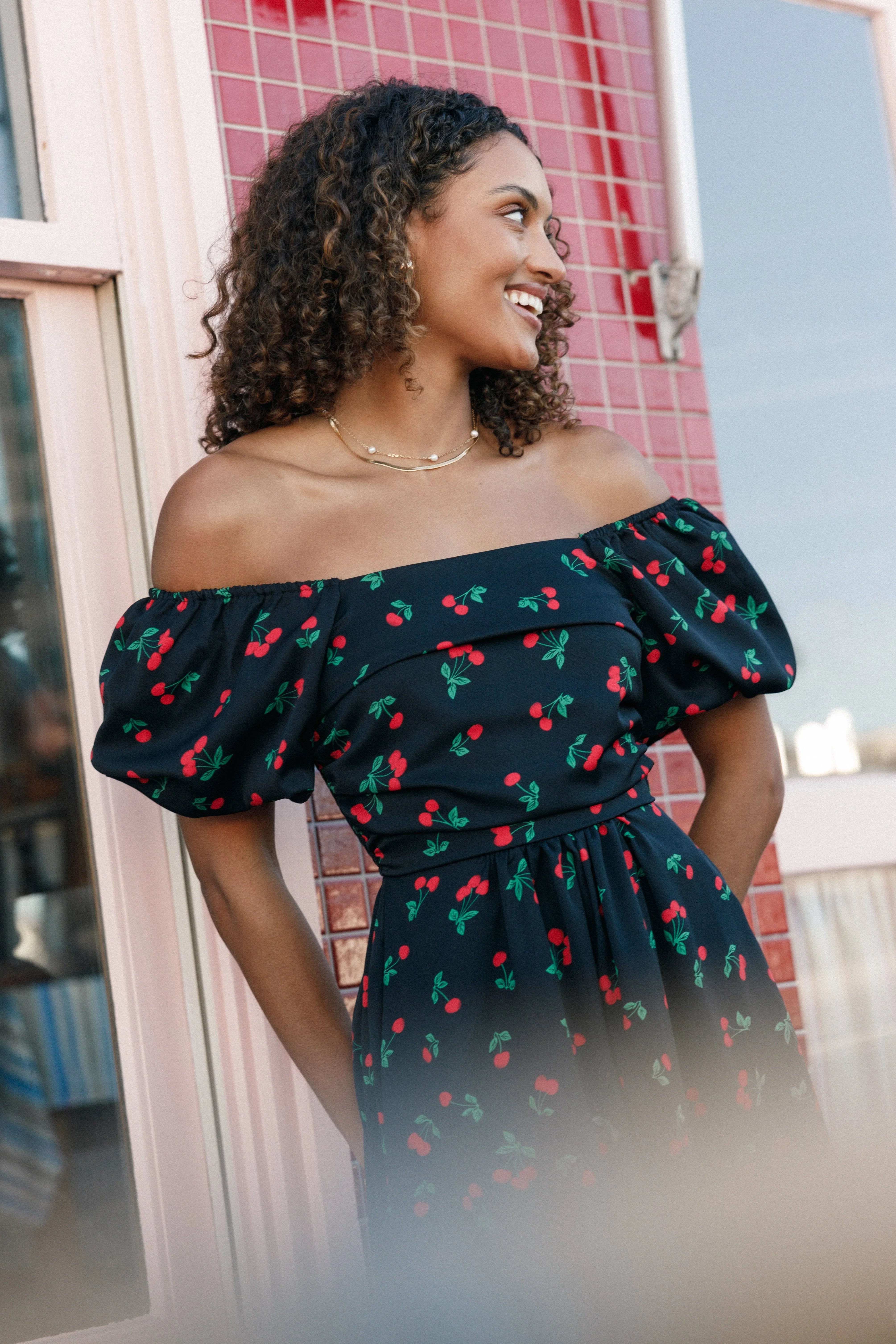 Chlo Puff Sleeve Midi Dress Cherry Print