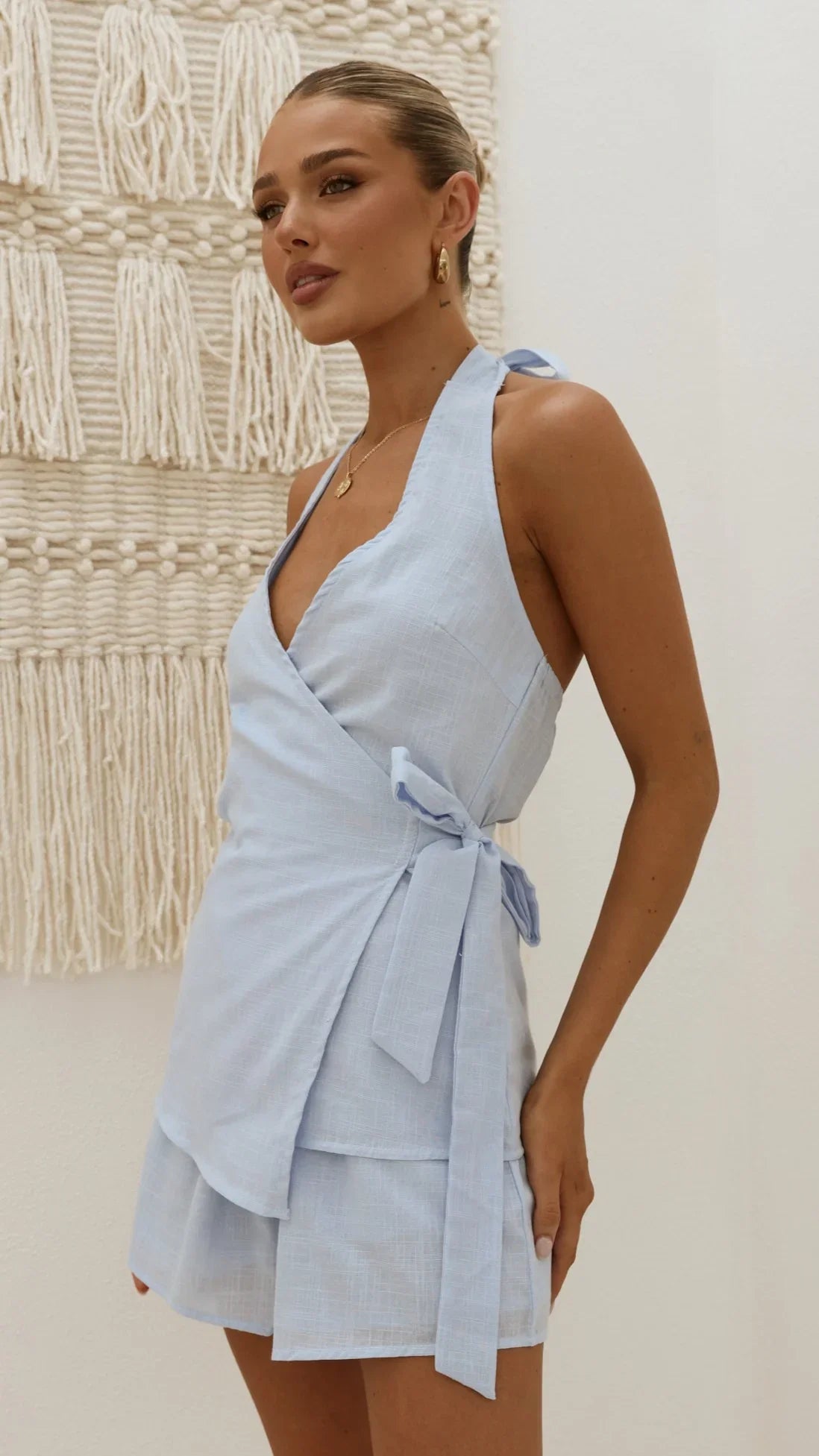 Malencia Wrap Top and Shorts Set Blue