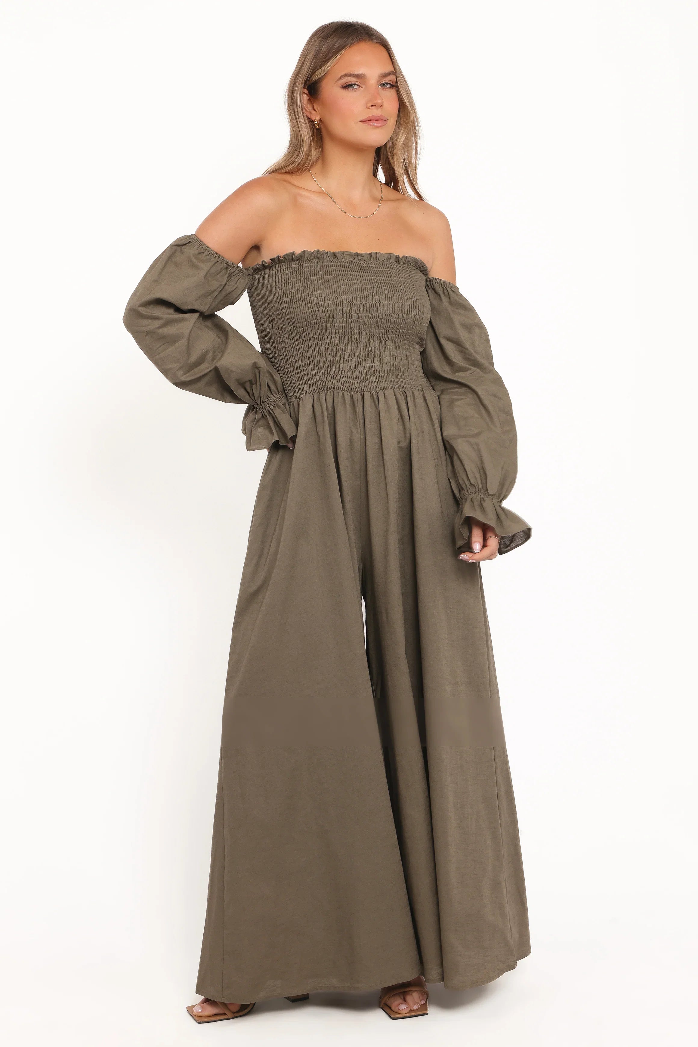 Domenica Shirred Long Sleeve Jumpsuit Olive