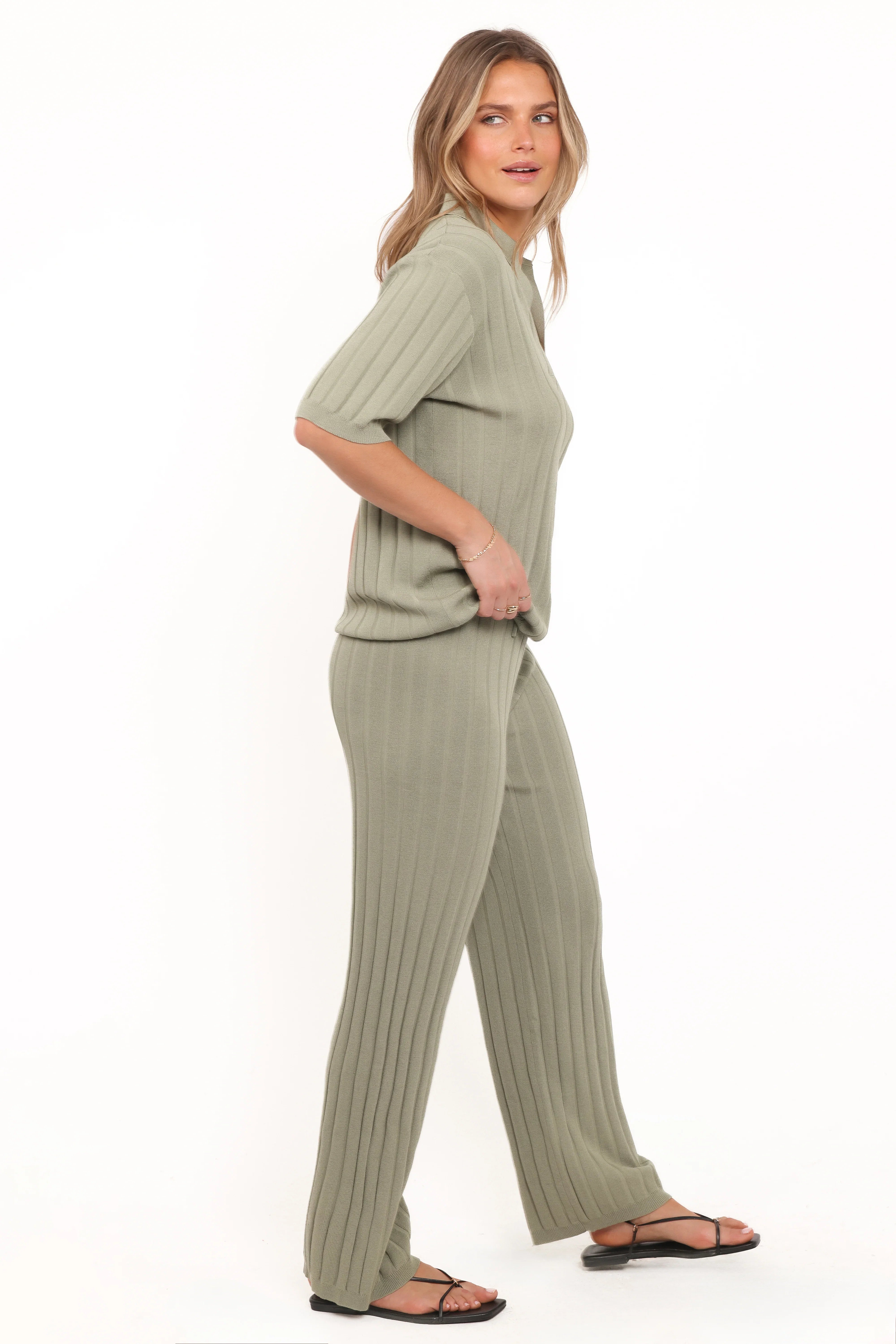 Yulissa Wide Ribbed Pant Set Khaki Green