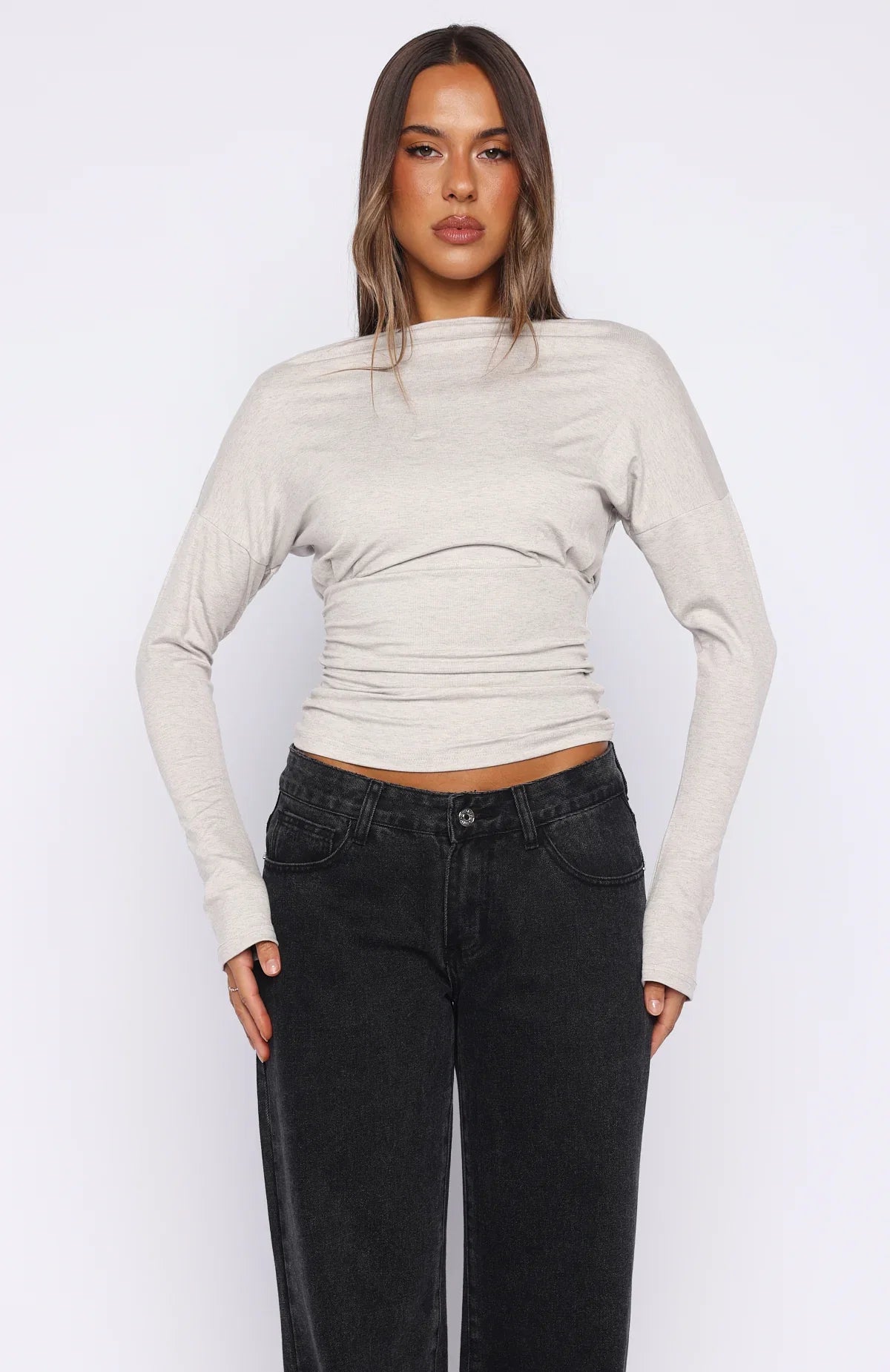 Another Time Cinched Waist Long Sleeve Top Light Grey Marle