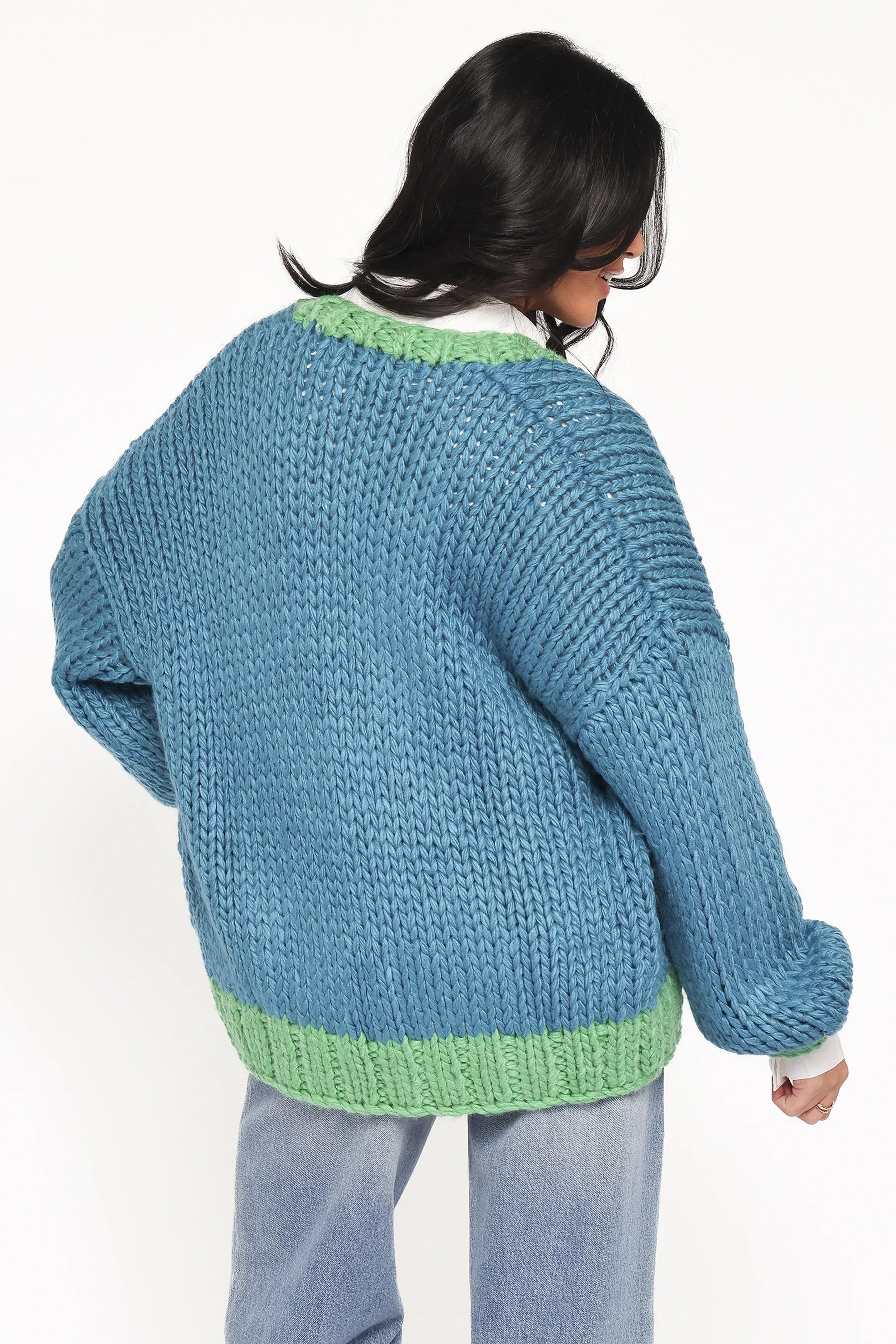 Anige Contrast Trim Cardigan Blue Green