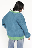 Anige Contrast Trim Cardigan Blue Green