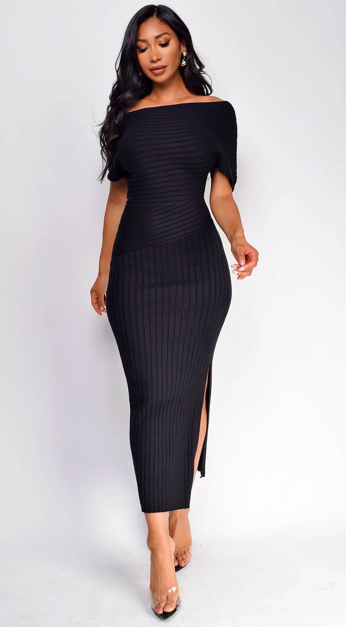 Lucretia One Shoulder Ribbed Midi Dress Black