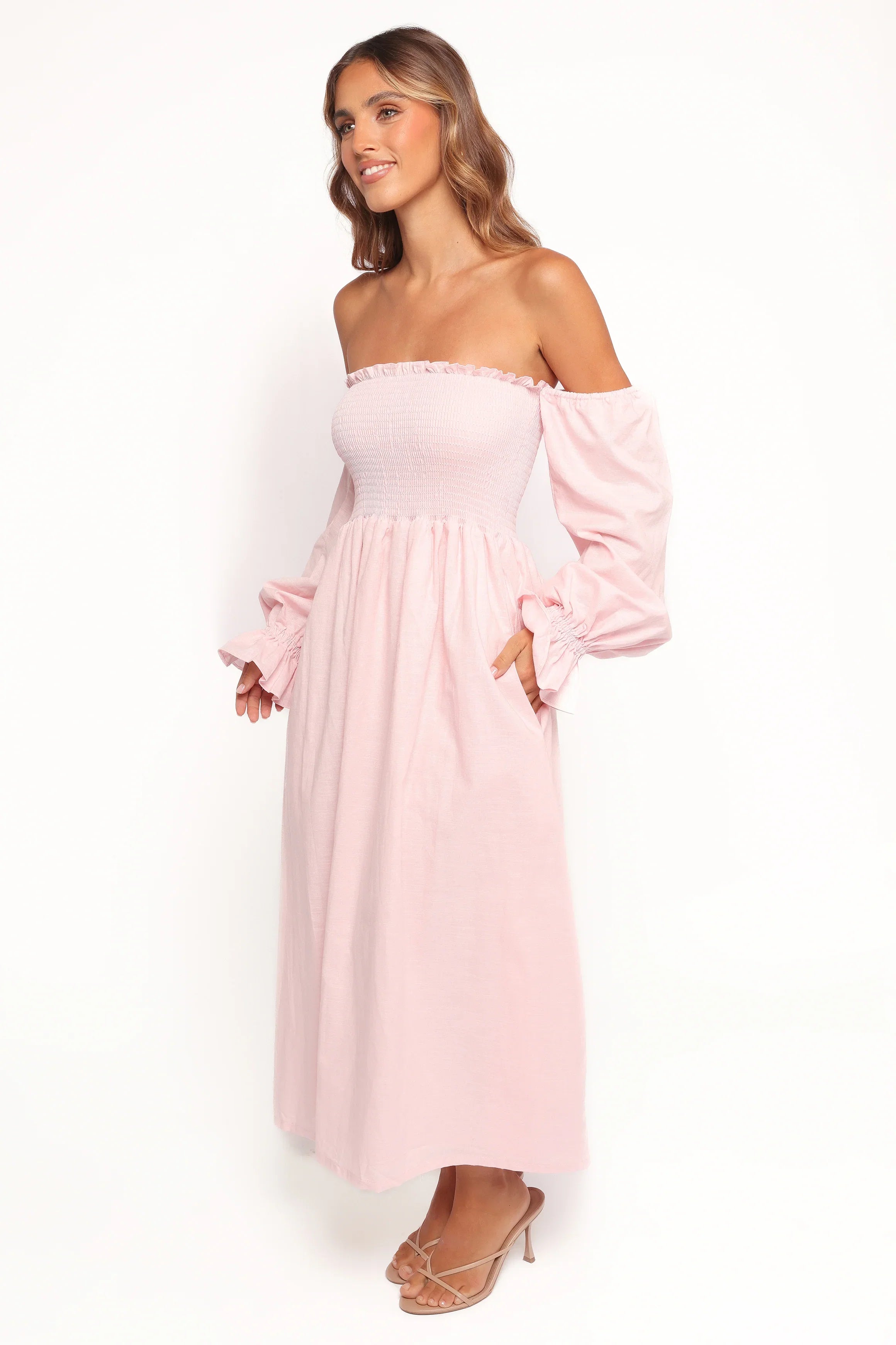 Domenica Shirred Long Sleeve Midi Dress Pink