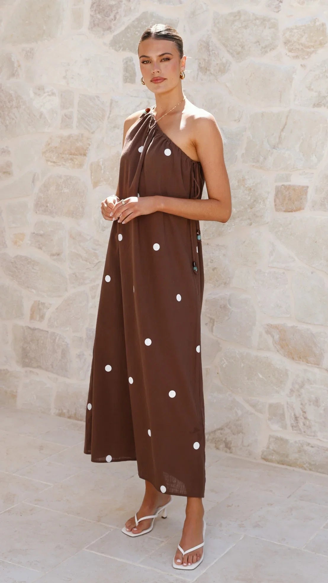 Nasira One Shoulder Maxi Dress Chocolate White Polka Dot