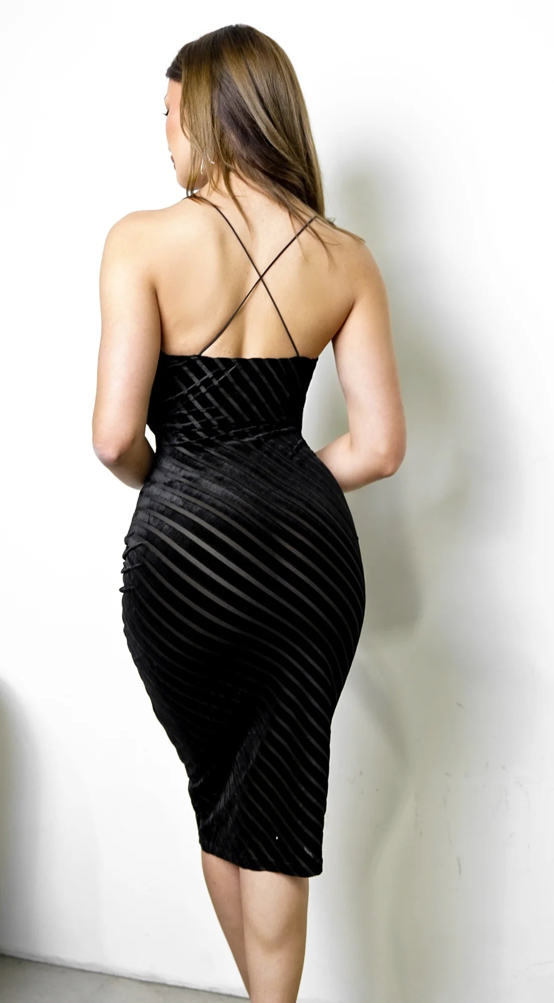 Rivelle Burnout Stripe Suede Cowl Neck Midi Dress Black