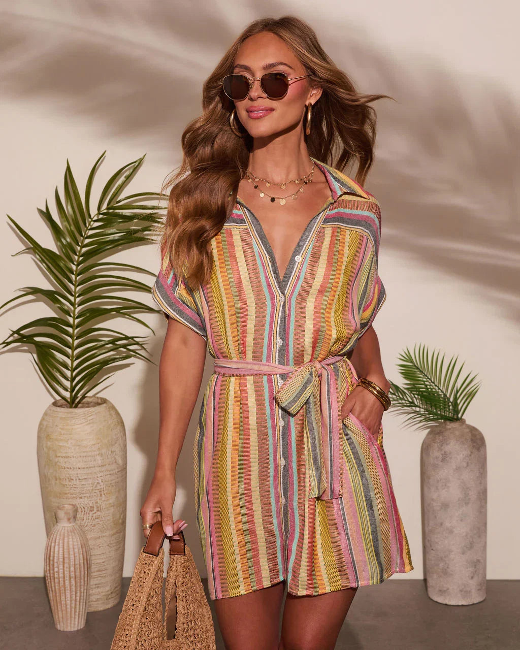 Sunshade Waist Tie Mini Shirt Dress
