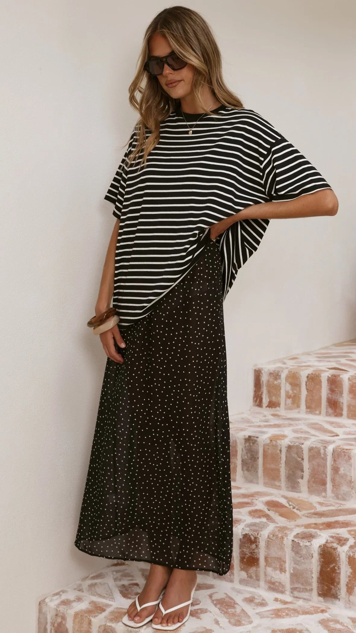 Elisha T Shirt and Sheer Maxi Skirt Set White Black Stripe and Polka Dot
