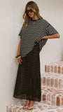 Elisha T Shirt and Sheer Maxi Skirt Set White Black Stripe and Polka Dot
