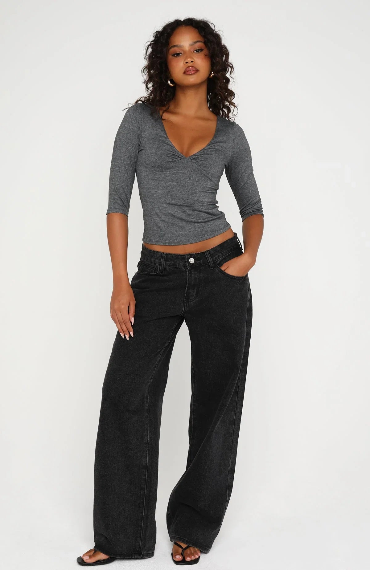 Little Bit Of Everything 3 4 Sleeve V Neck Top Charcoal Marle