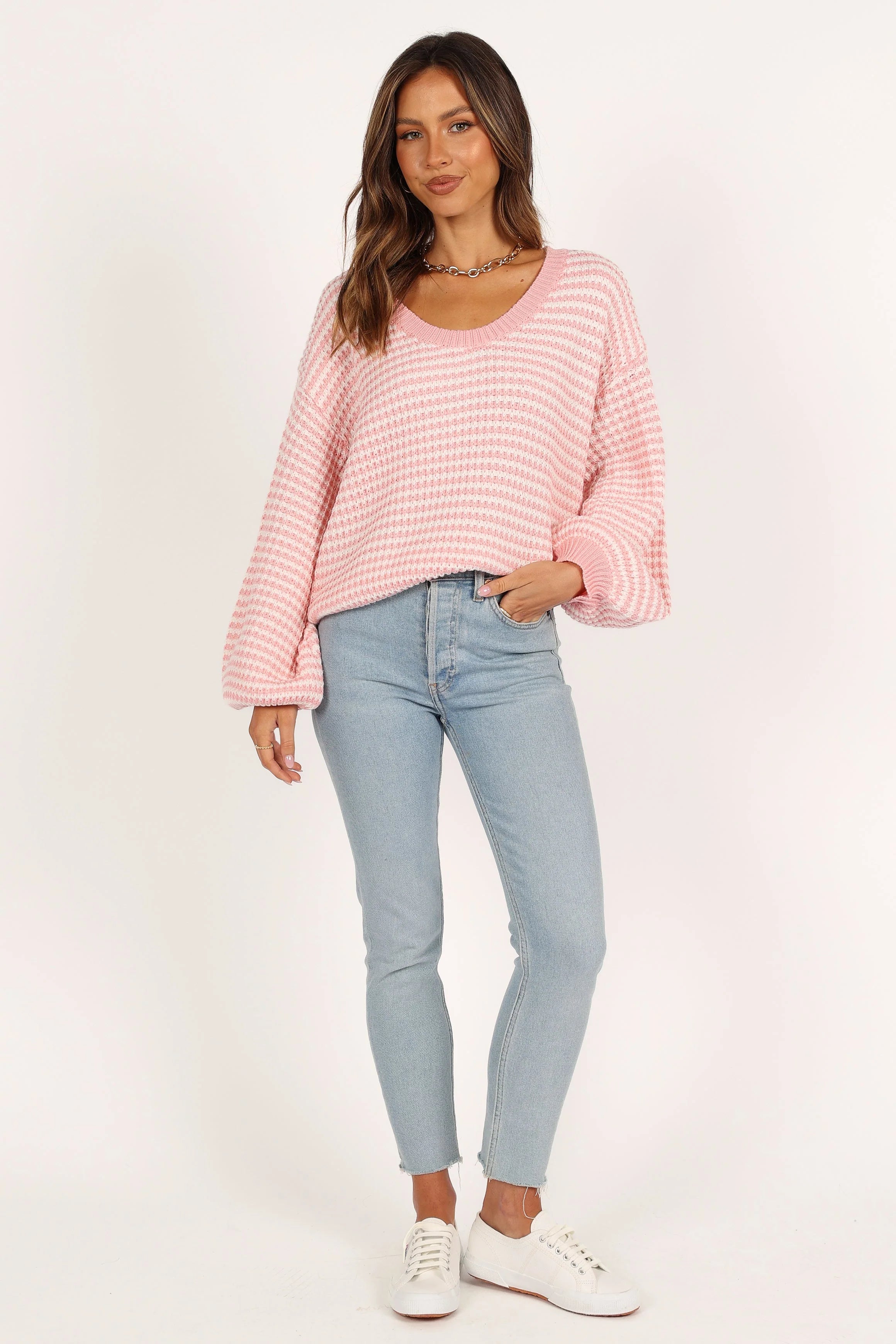 Becca Crewneck Waffle Stitch Stripe Knit Sweater Pink
