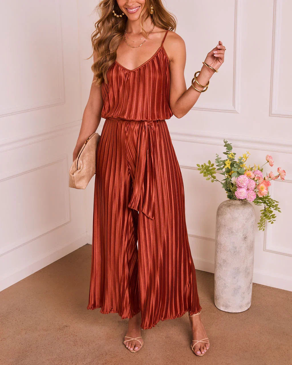Amabel Satin Plisse Wrap Tie Jumpsuit