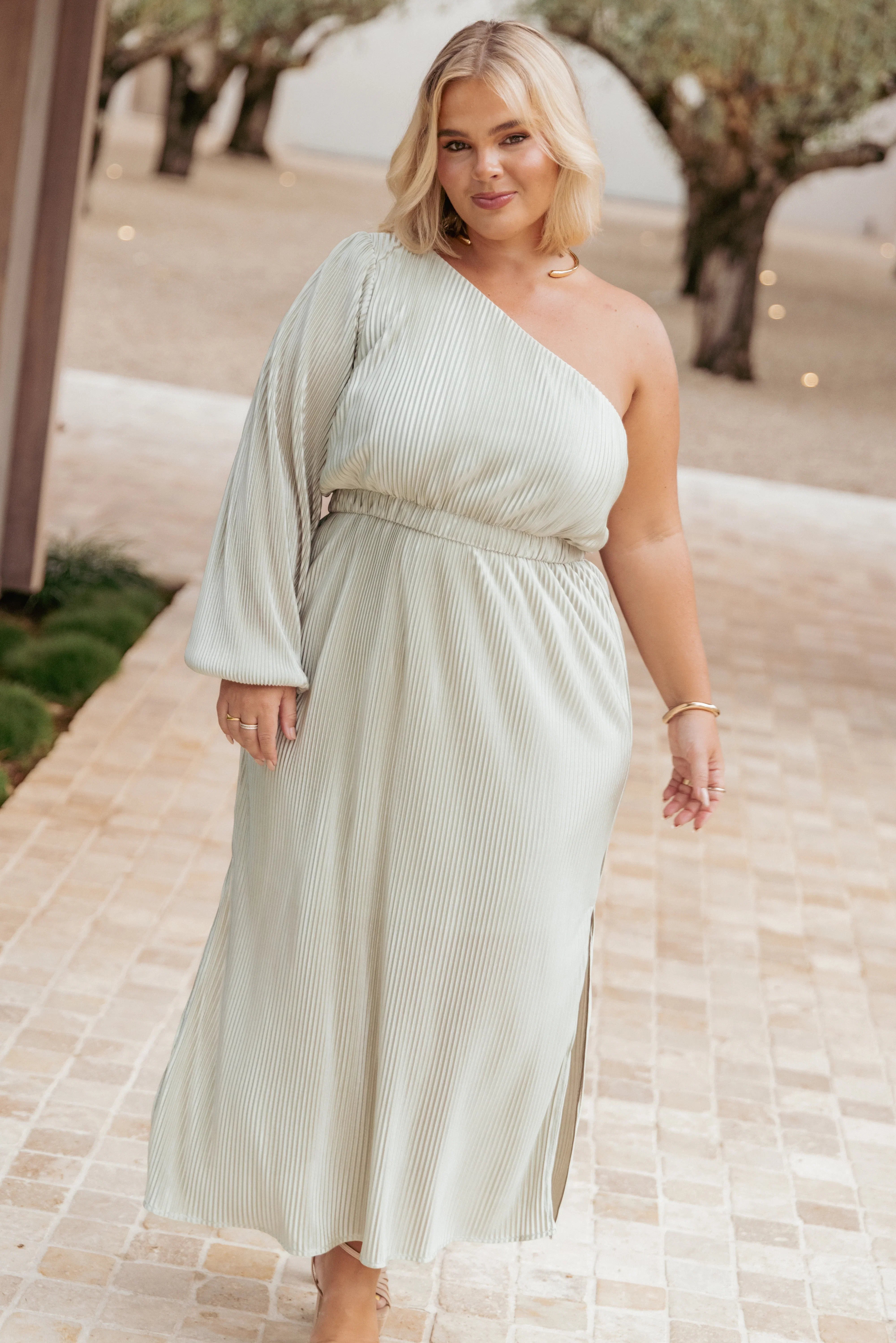 Pontee One Shoulder Pleated Midi Dress Sage Green
