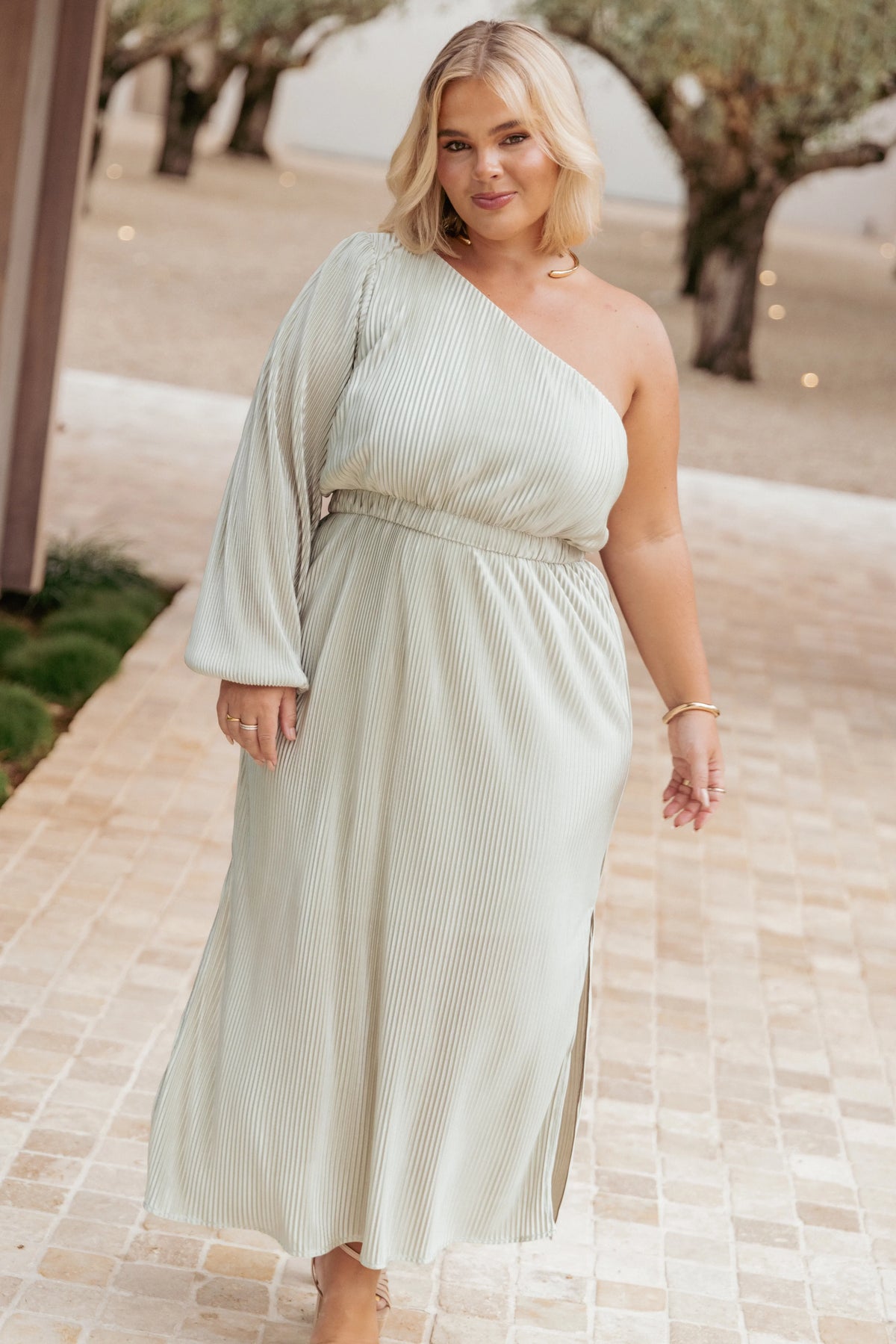 Pontee One Shoulder Pleated Midi Dress Sage Green