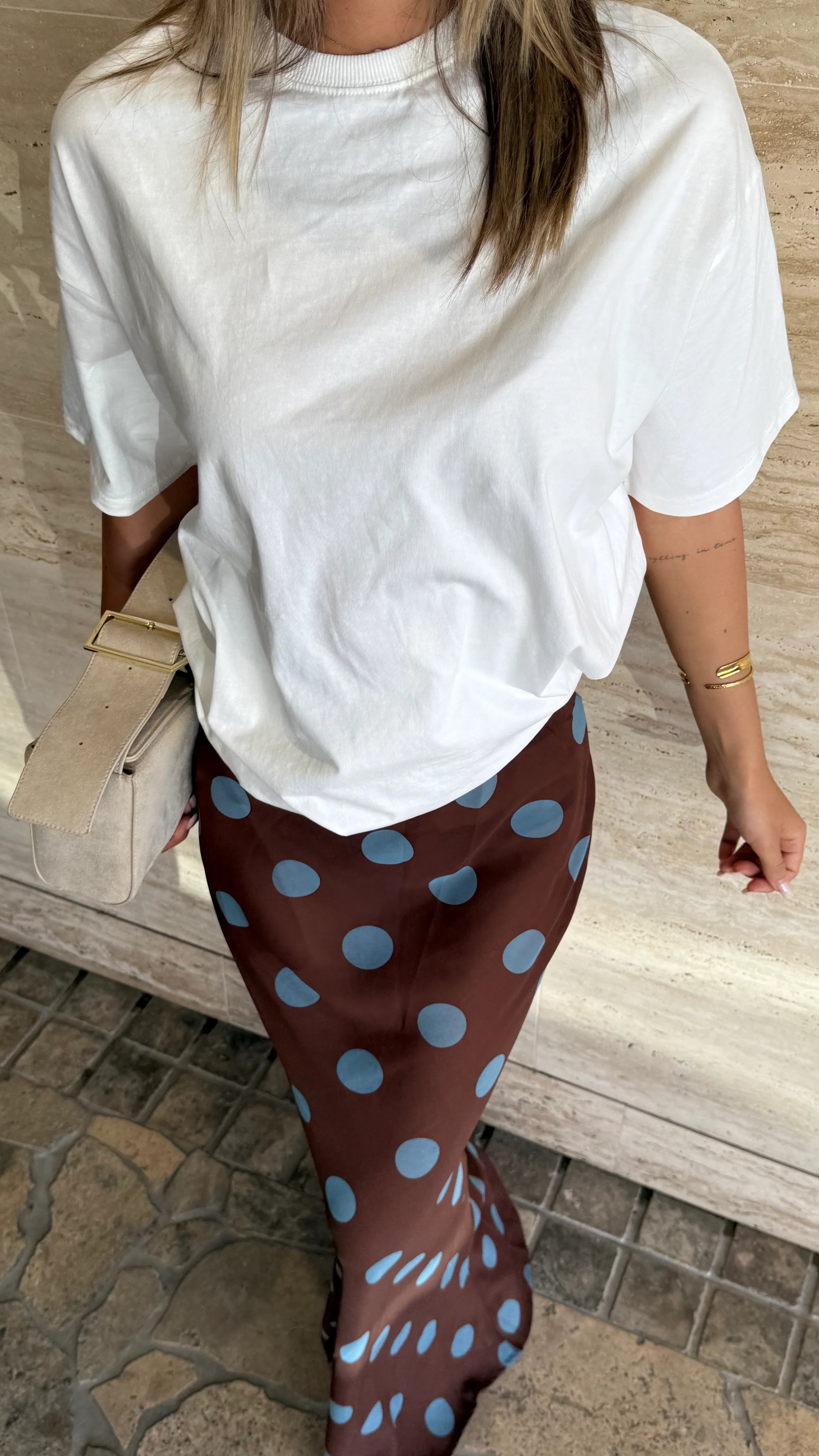 Yumi Oversized Tee and Sheer Skirt Set White Brown Blue Polka